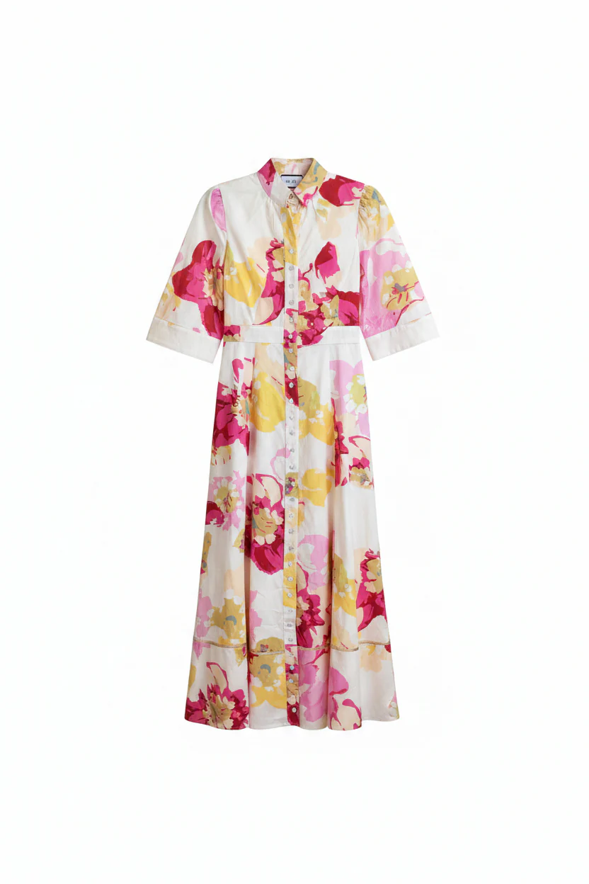 Vivid Floral Print Button Down Dress