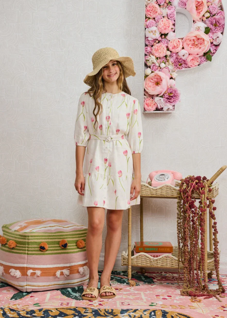 White Linen with Pink Tulip Design Dress