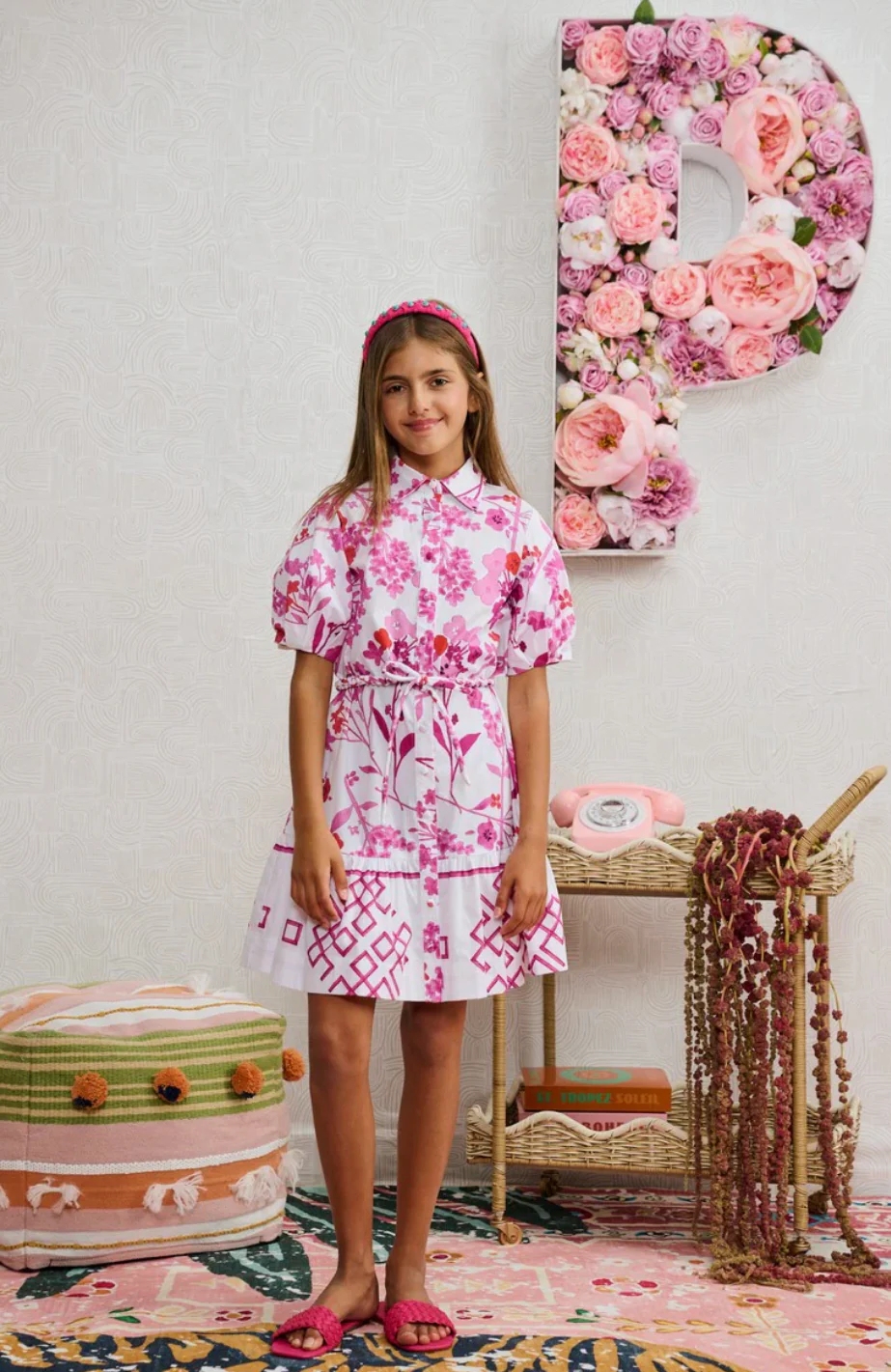 White Cotton with Magenta Print Button Down Dress