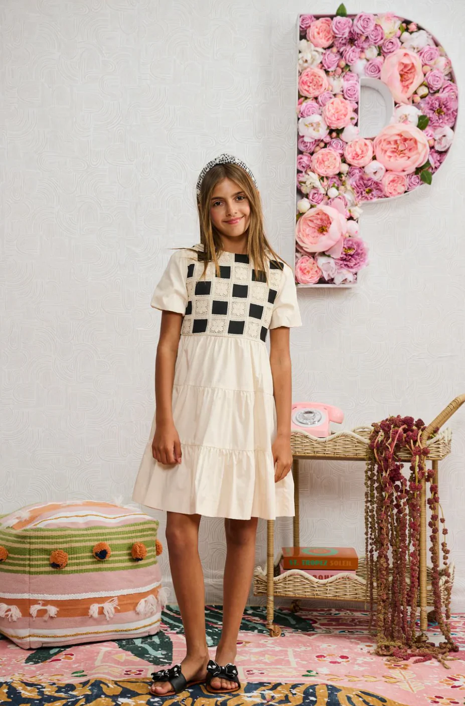 Tan Tiered with Black Eyelet Boxes Dress