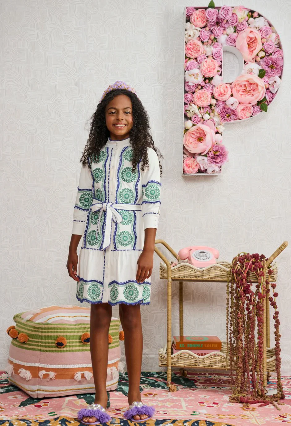 White with Kelly Green Blue Circle Embroidery Dress