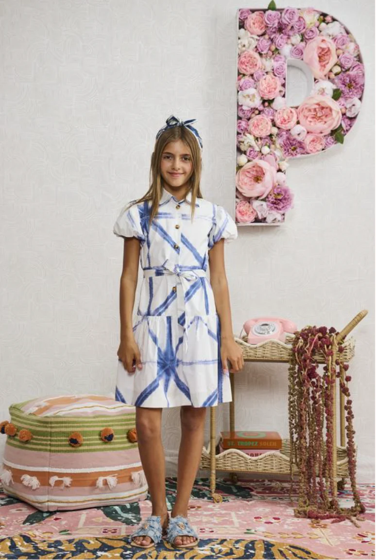 White Blue Tie Dye Belted Dress