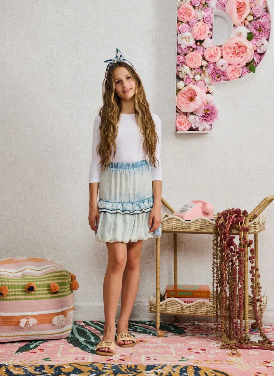Acid Wash Tiered Balloon Hem Skirt