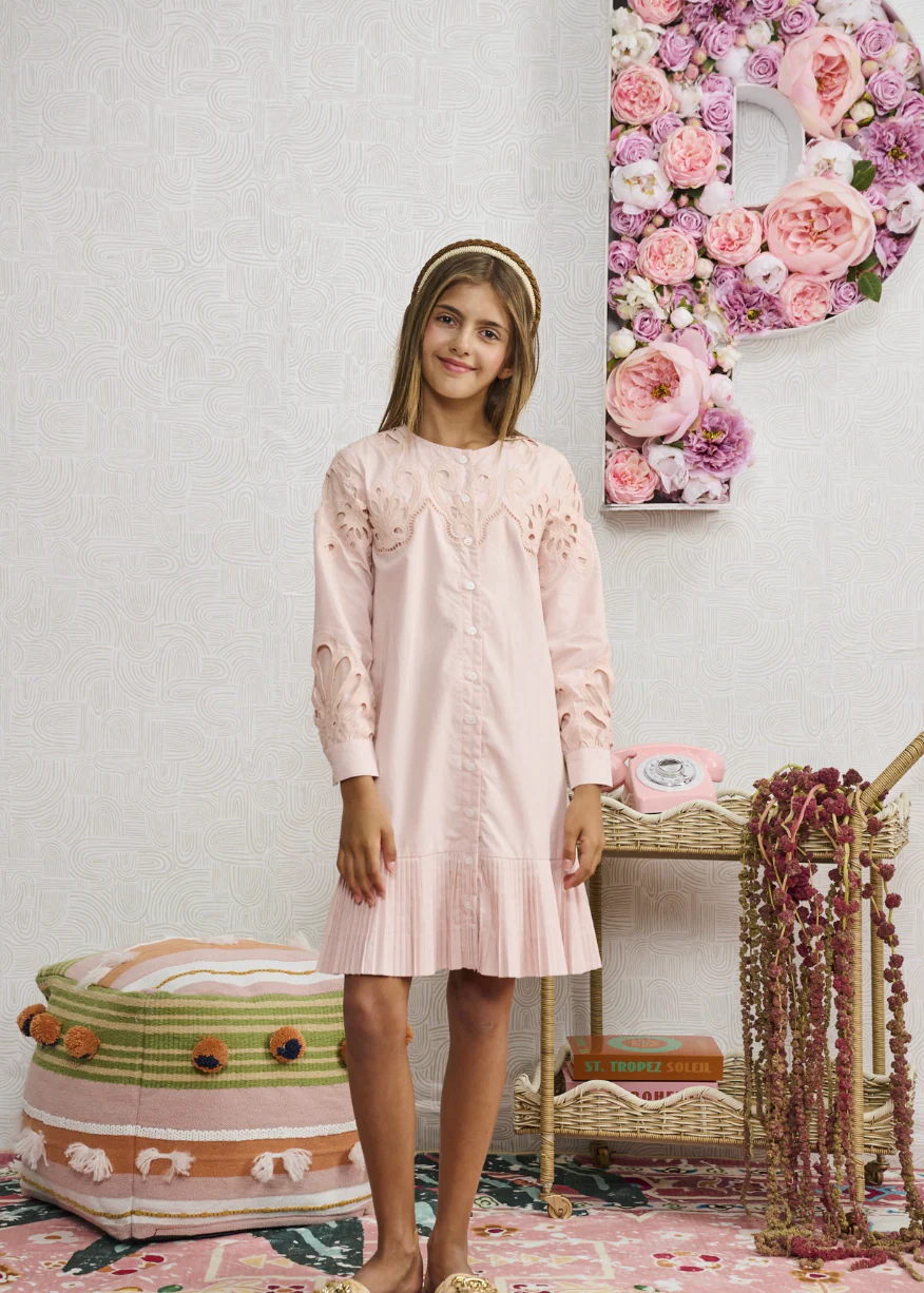 Pink with Eyelet and Small Pleating Dress