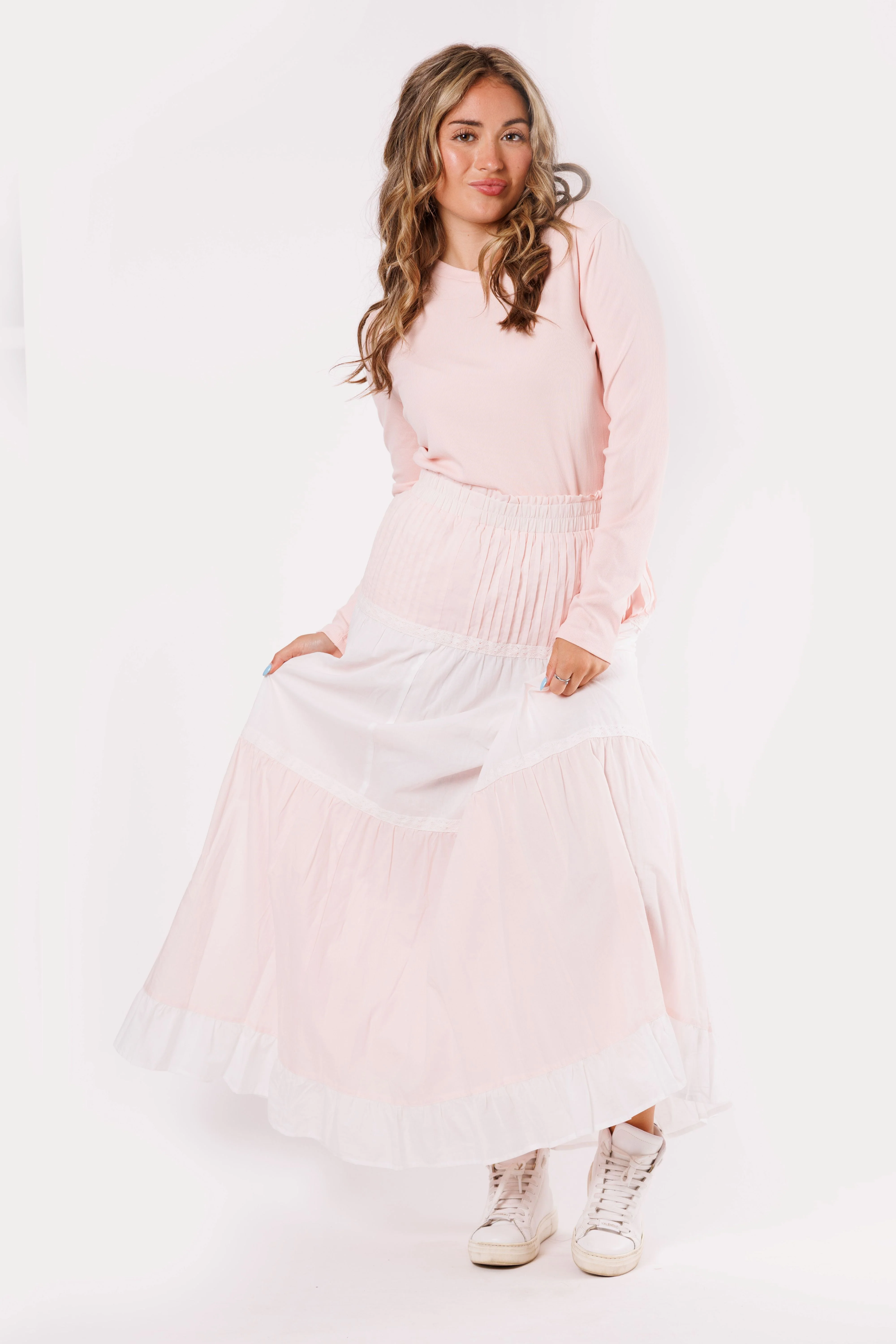 Pink/White Colorblock Tiered Skirt