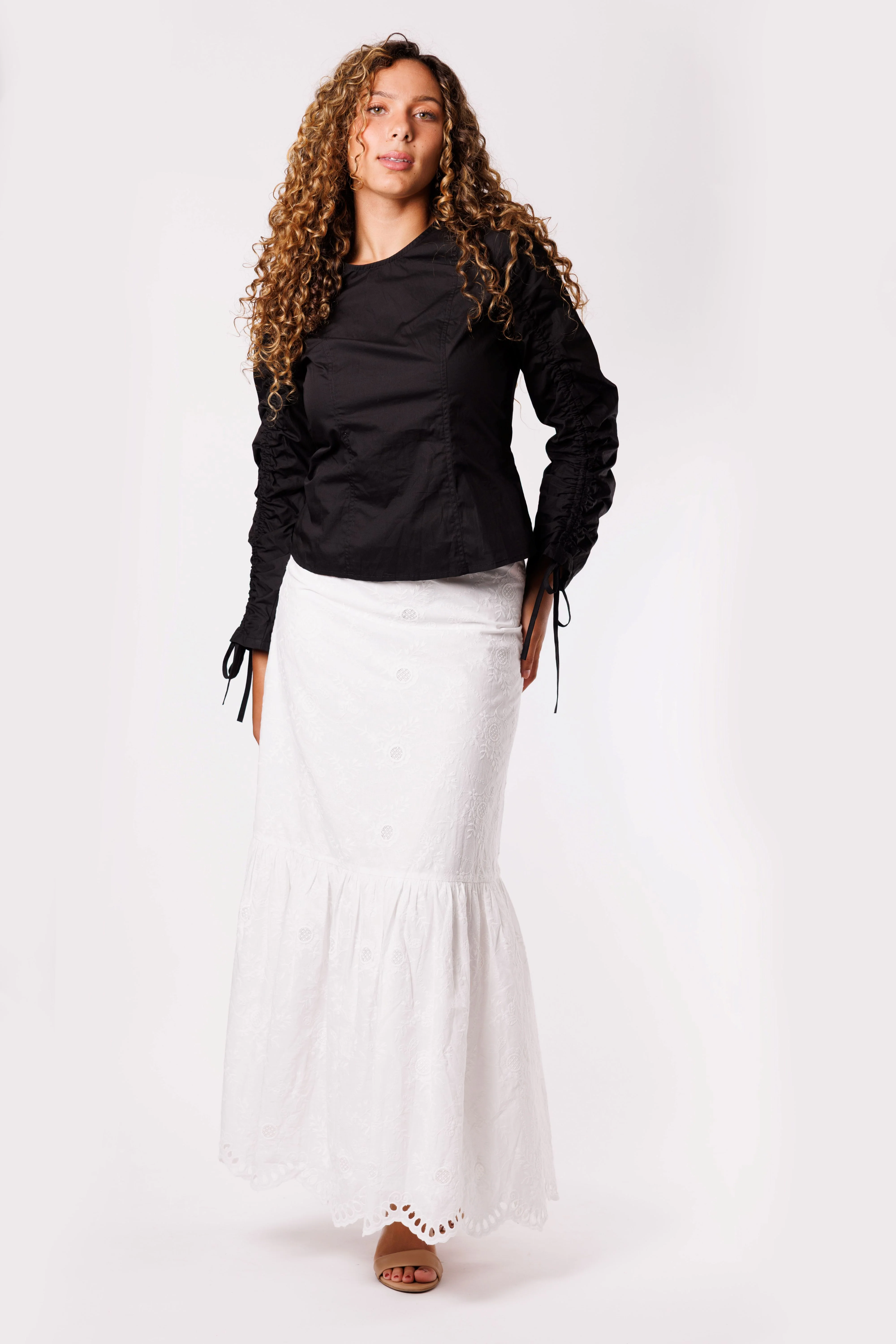 White Eyelet Lace Low Ruffle Skirt