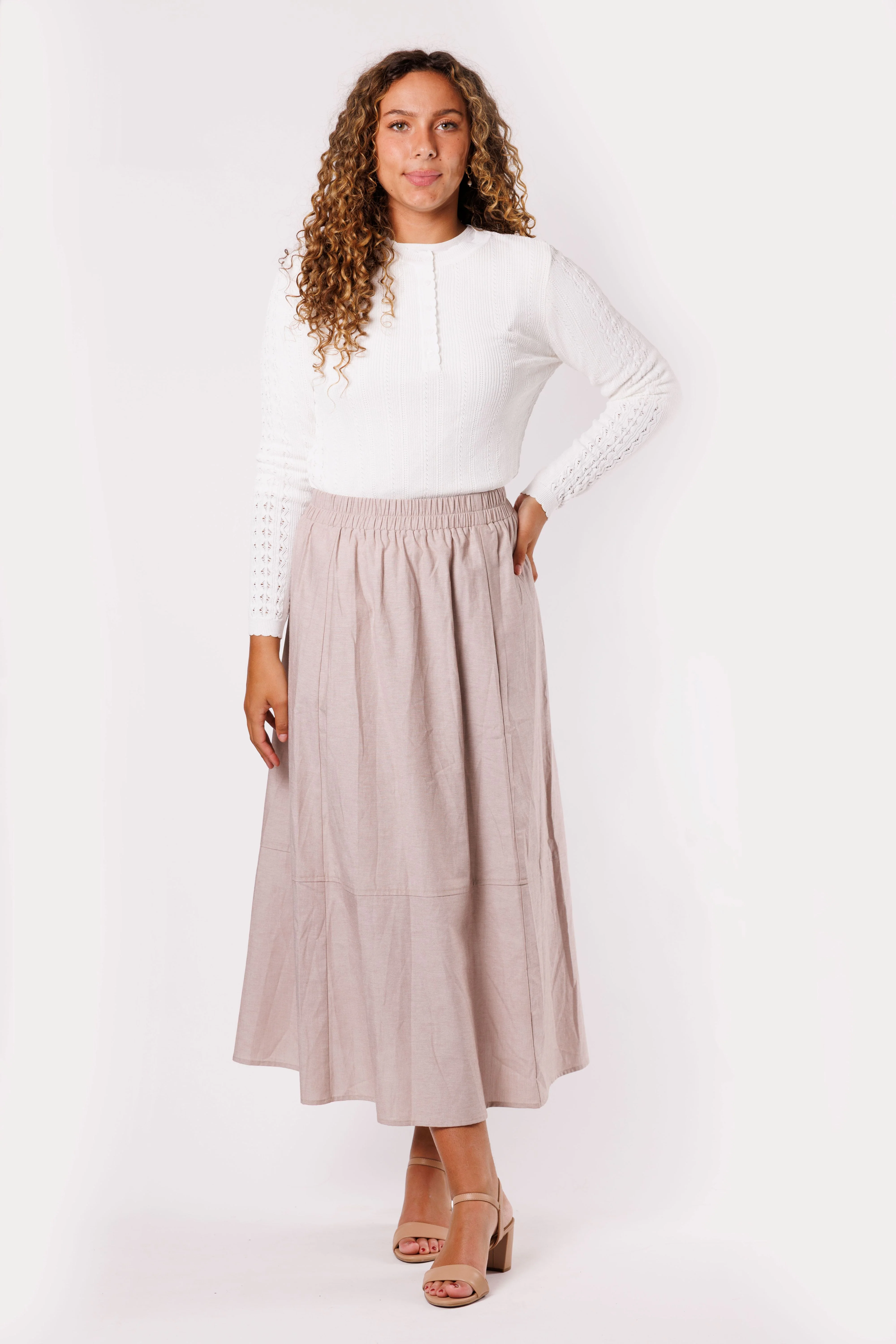 Tan Chambray Elastic Waist Skirt