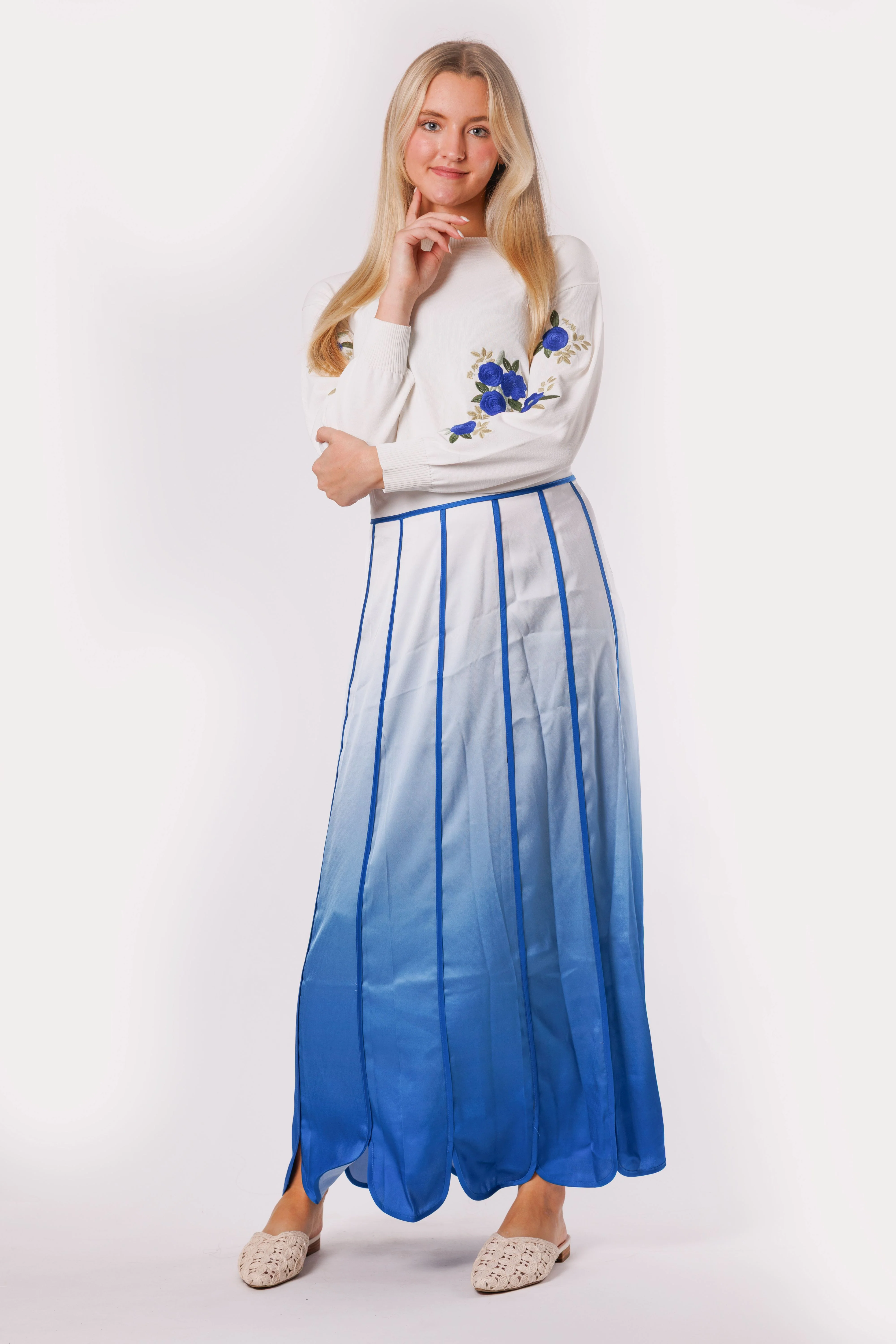 White/Royal Long Sleeve Sweater