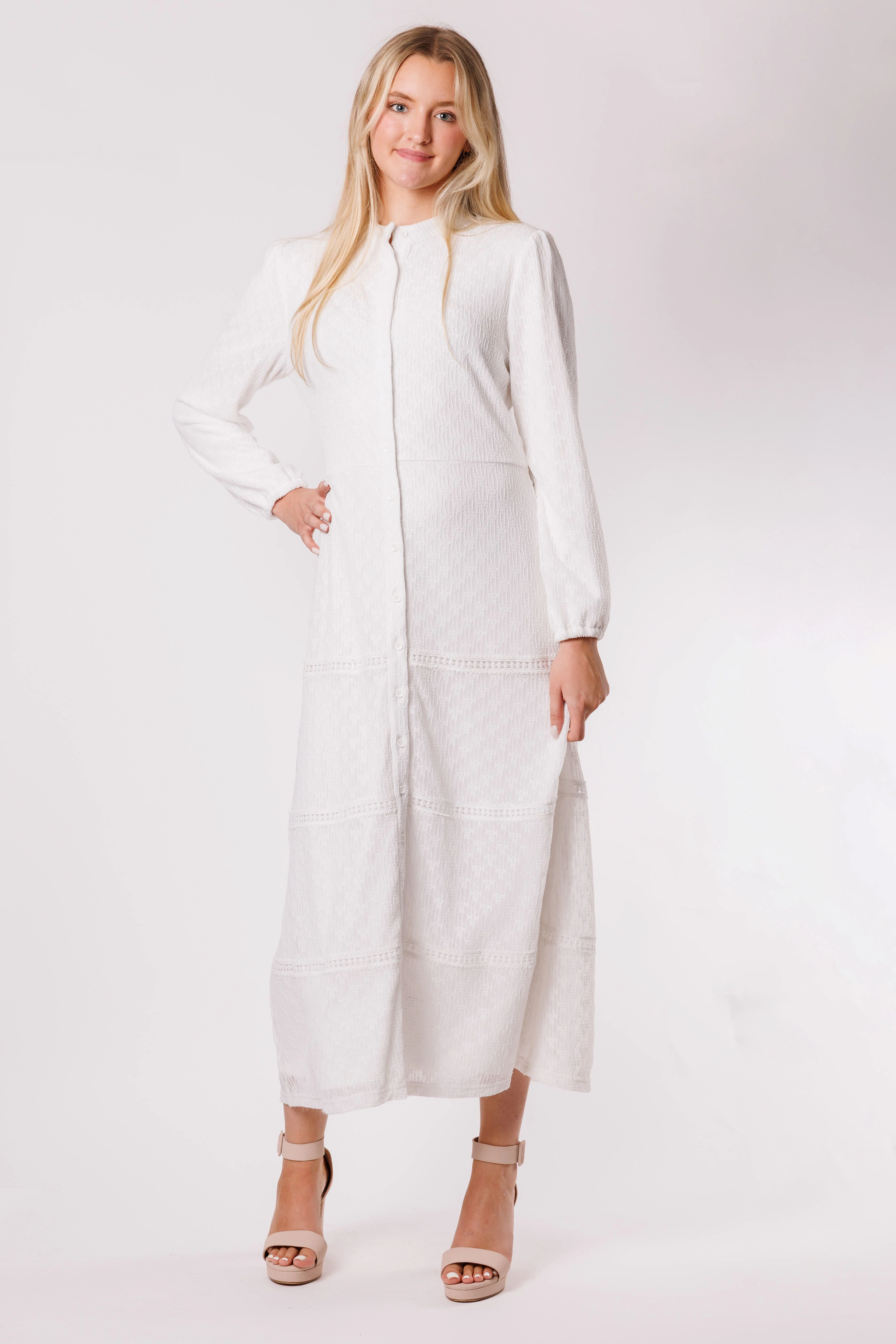 White Soft Lace Button Down Dress