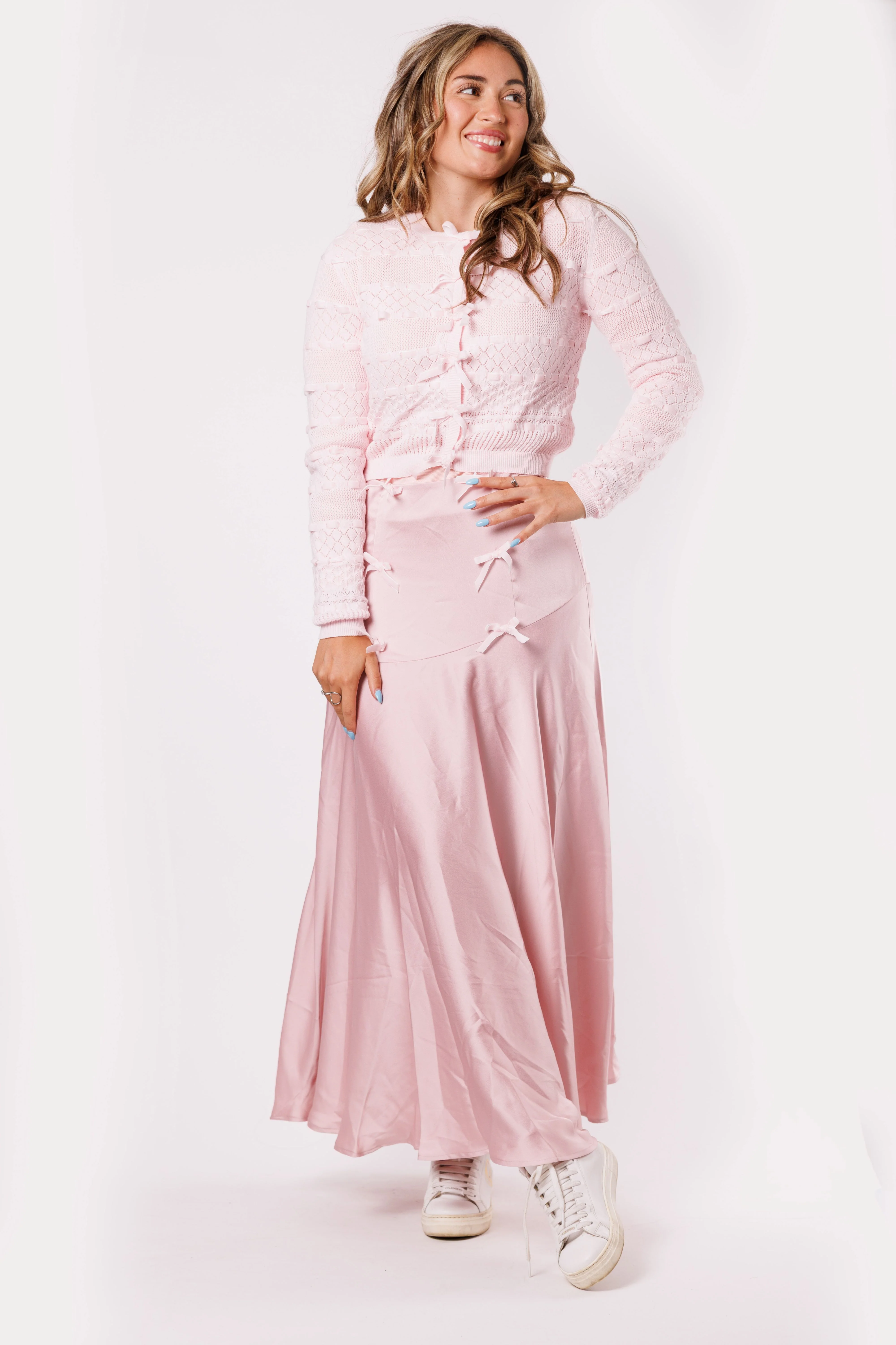 Pink Satin Skirt with Bow