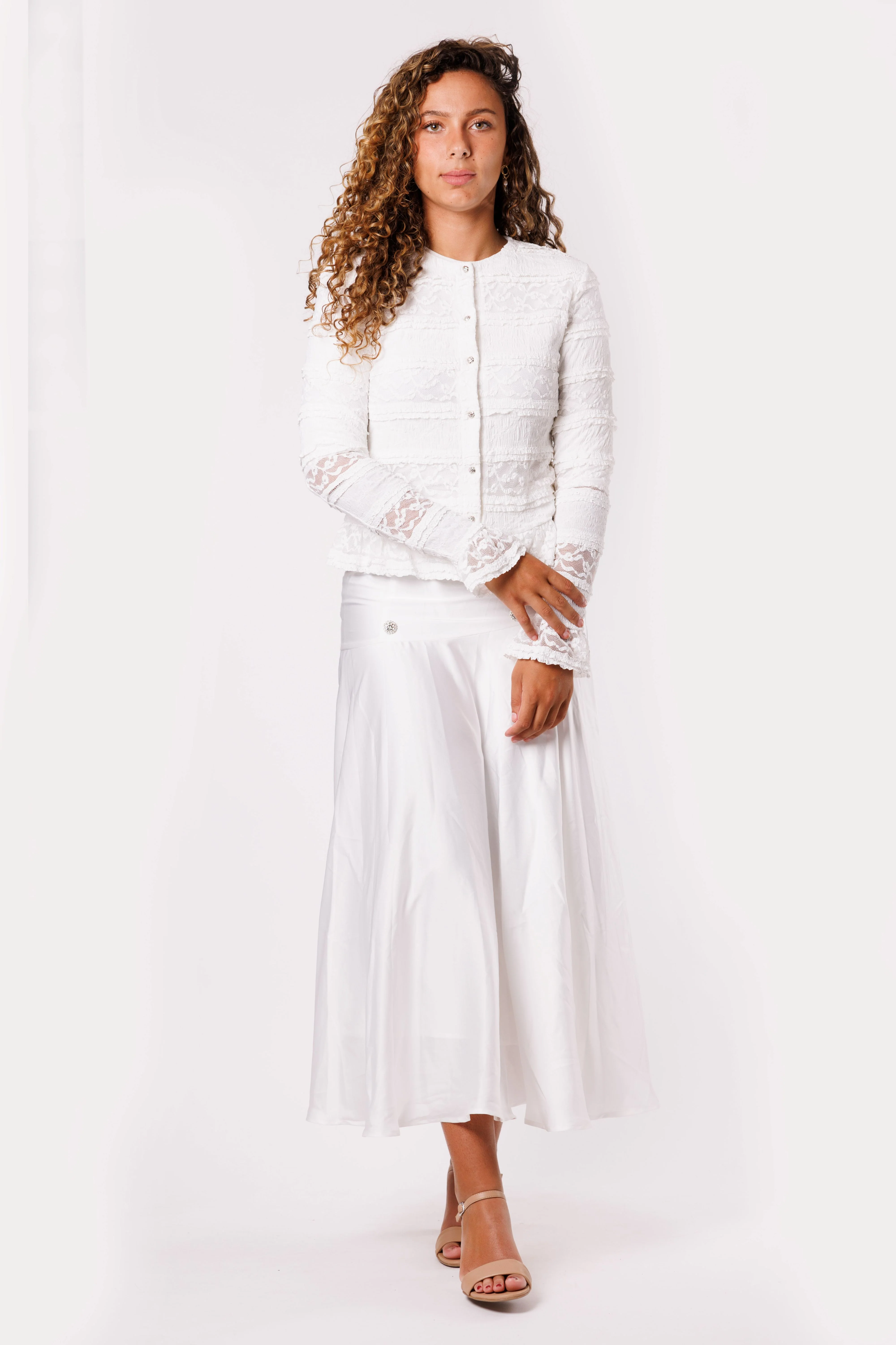 White Lace Stripe Button Down Top