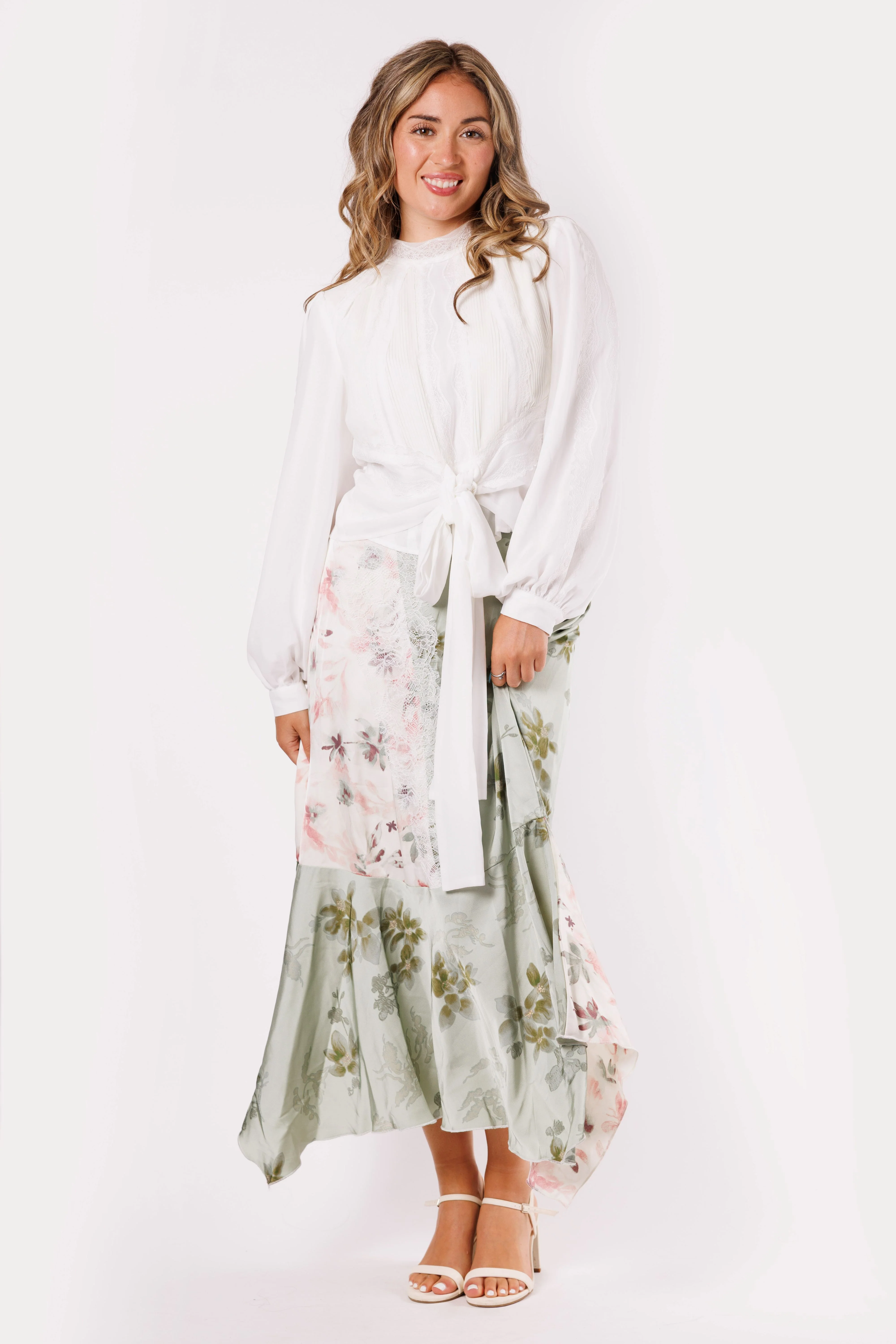 Sage/Pink Floral Colorblock Skirt