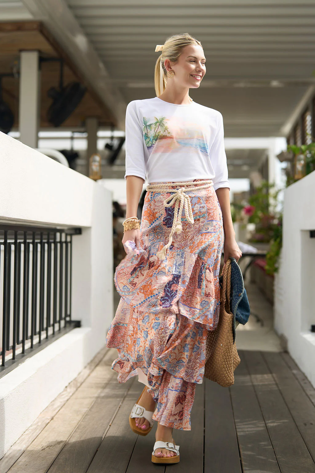 3/4 Sleeve Cotton Graphic Tee- Watercolor Beach - Image 2