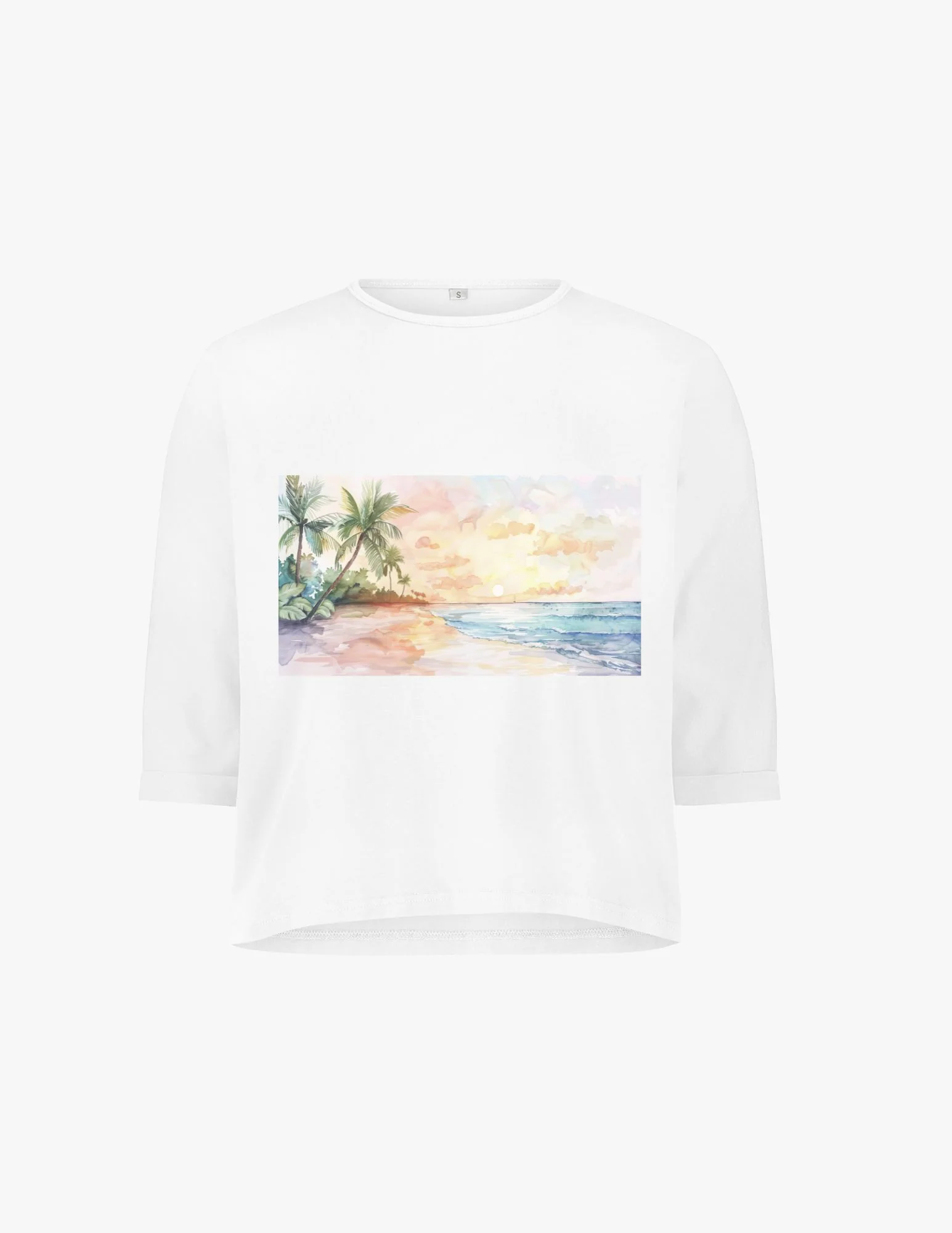 3/4 Sleeve Cotton Graphic Tee- Watercolor Beach - Image 4