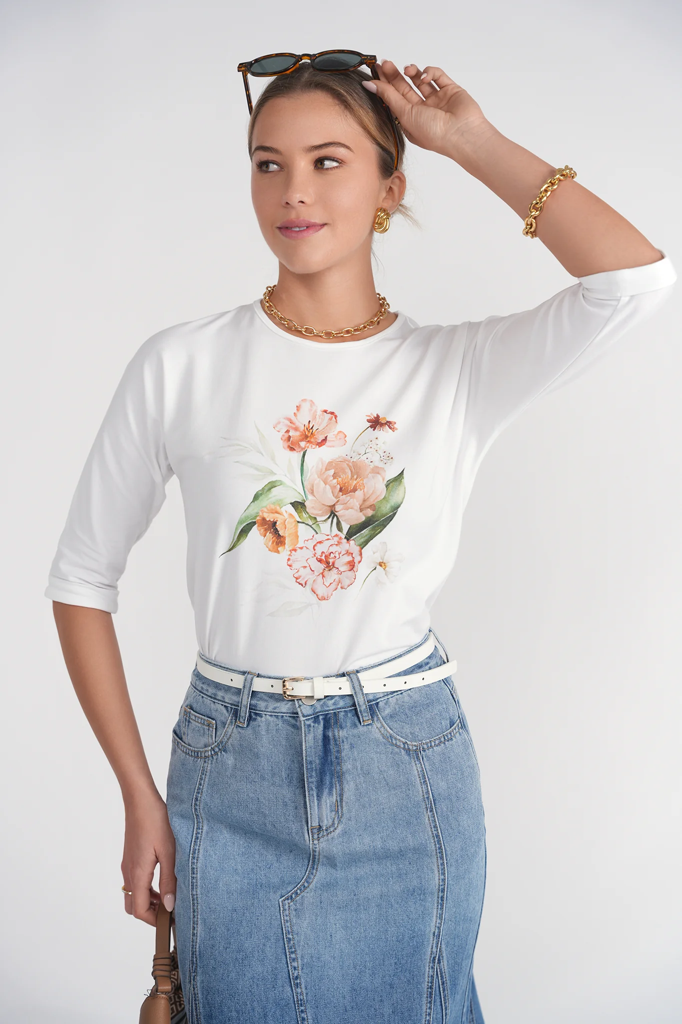 3-4 Sleeve Cotton Tee- Flowers on White - Image 3