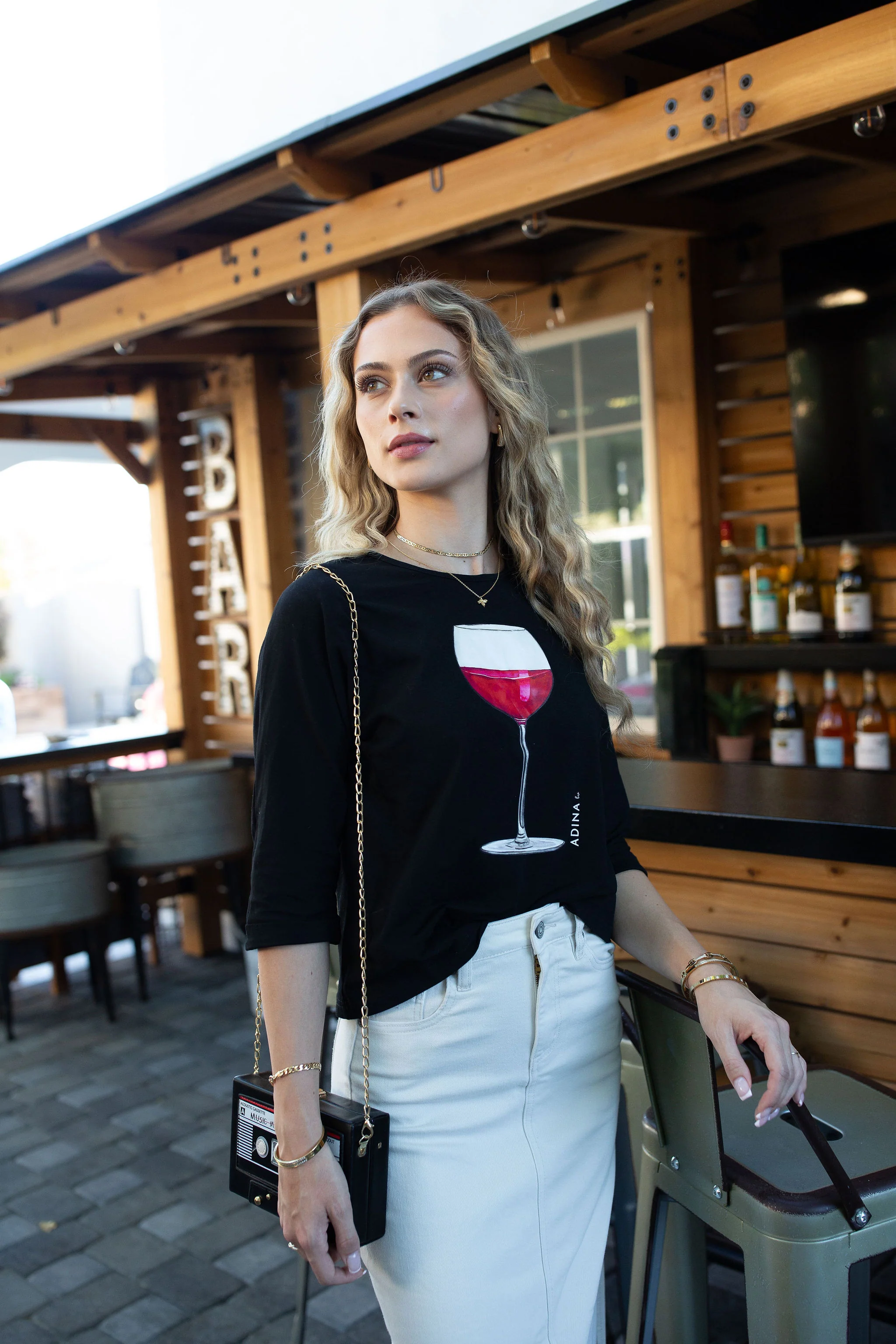 3/4 Sleeve Cotton Tee- Wine On Black - Image 2