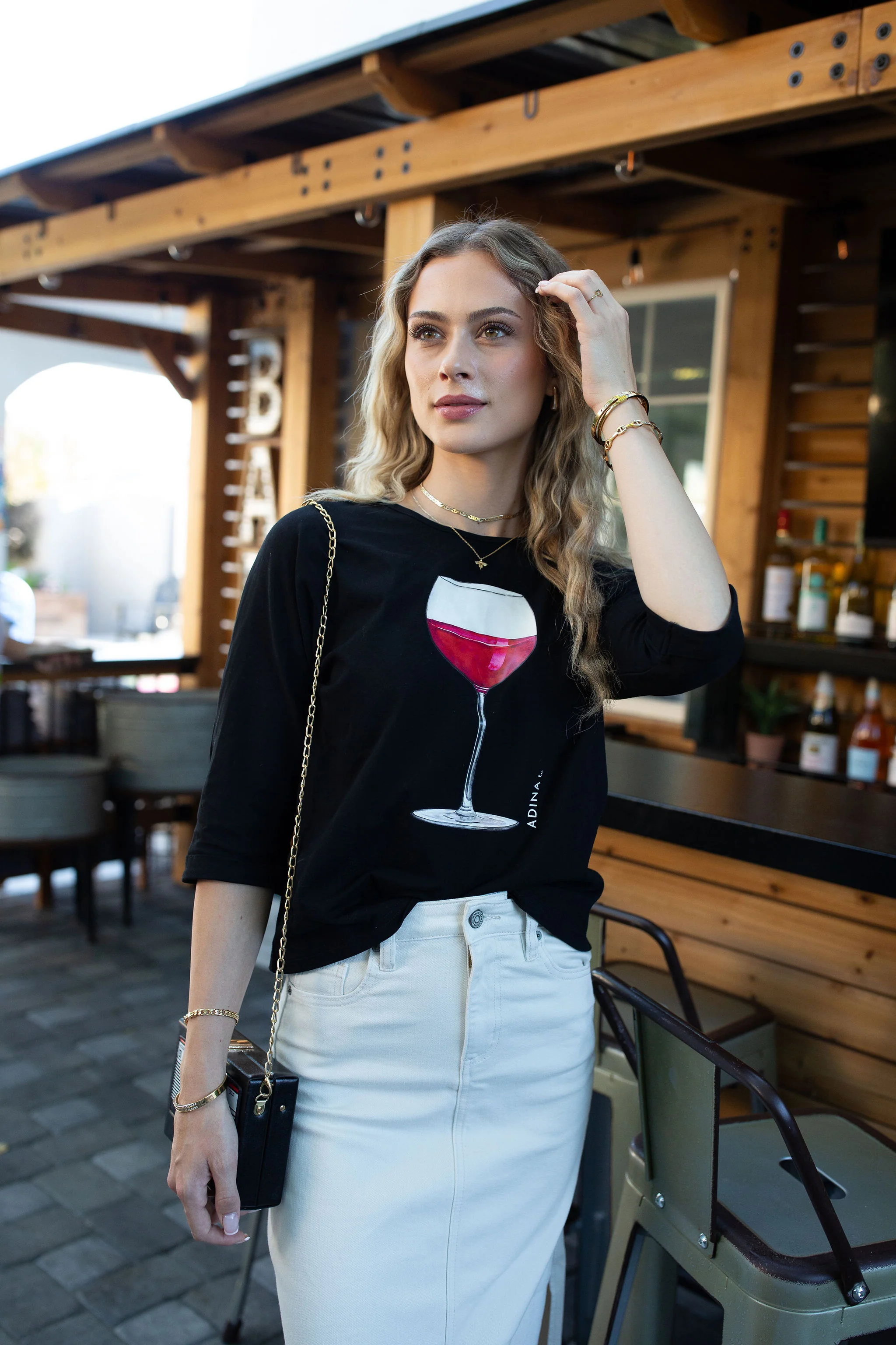 3/4 Sleeve Cotton Tee- Wine On Black - Image 3