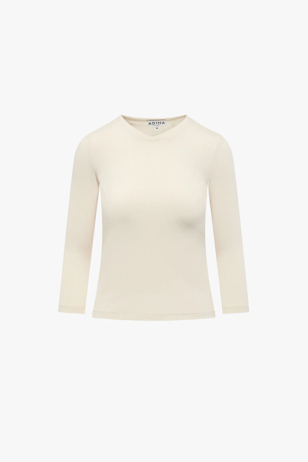 3-4 Sleeve Ribbed V Neck Tee- Beige