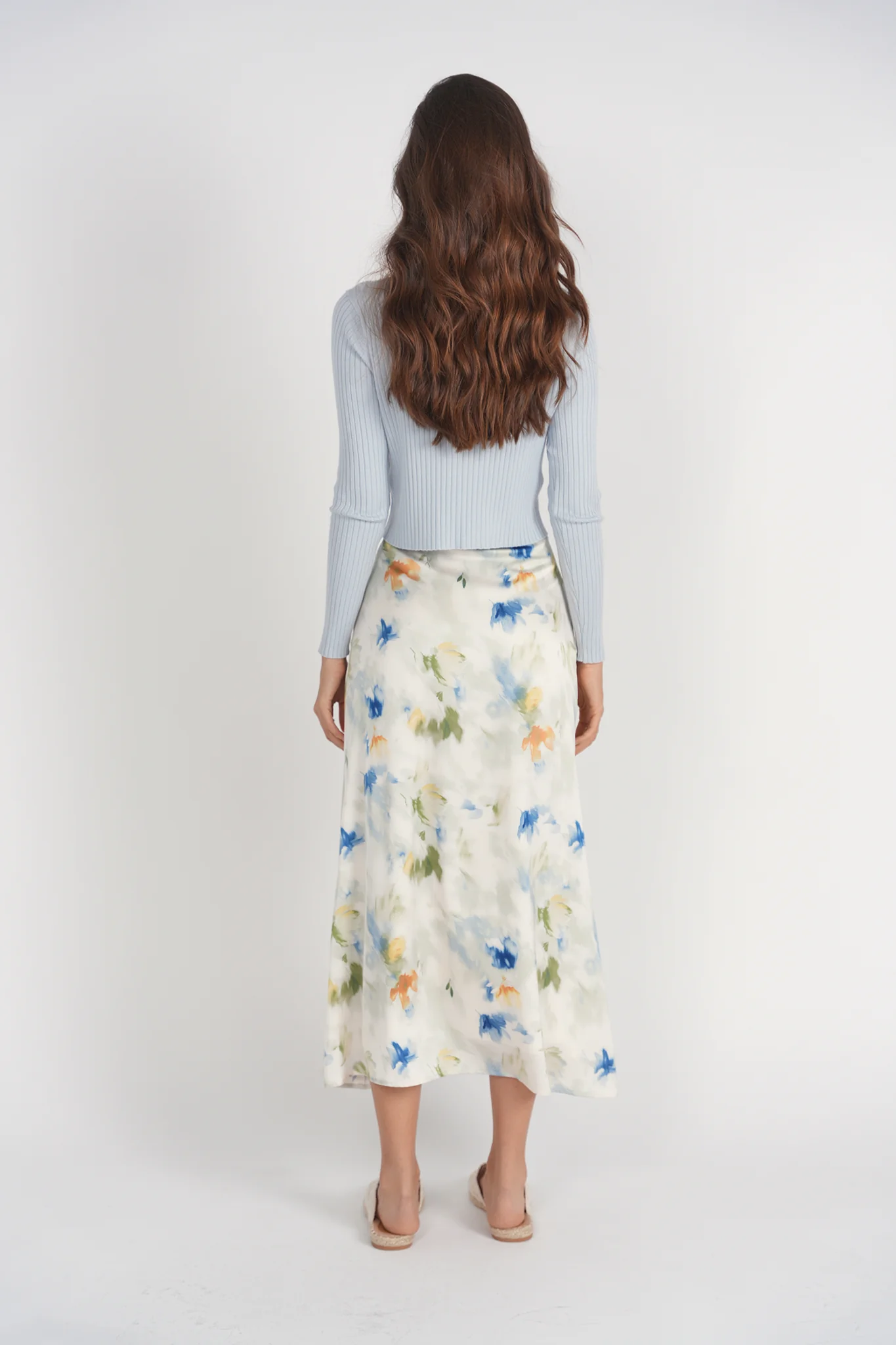 Bias Cut Midi Skirt- Abstract Floral Satin - Image 3