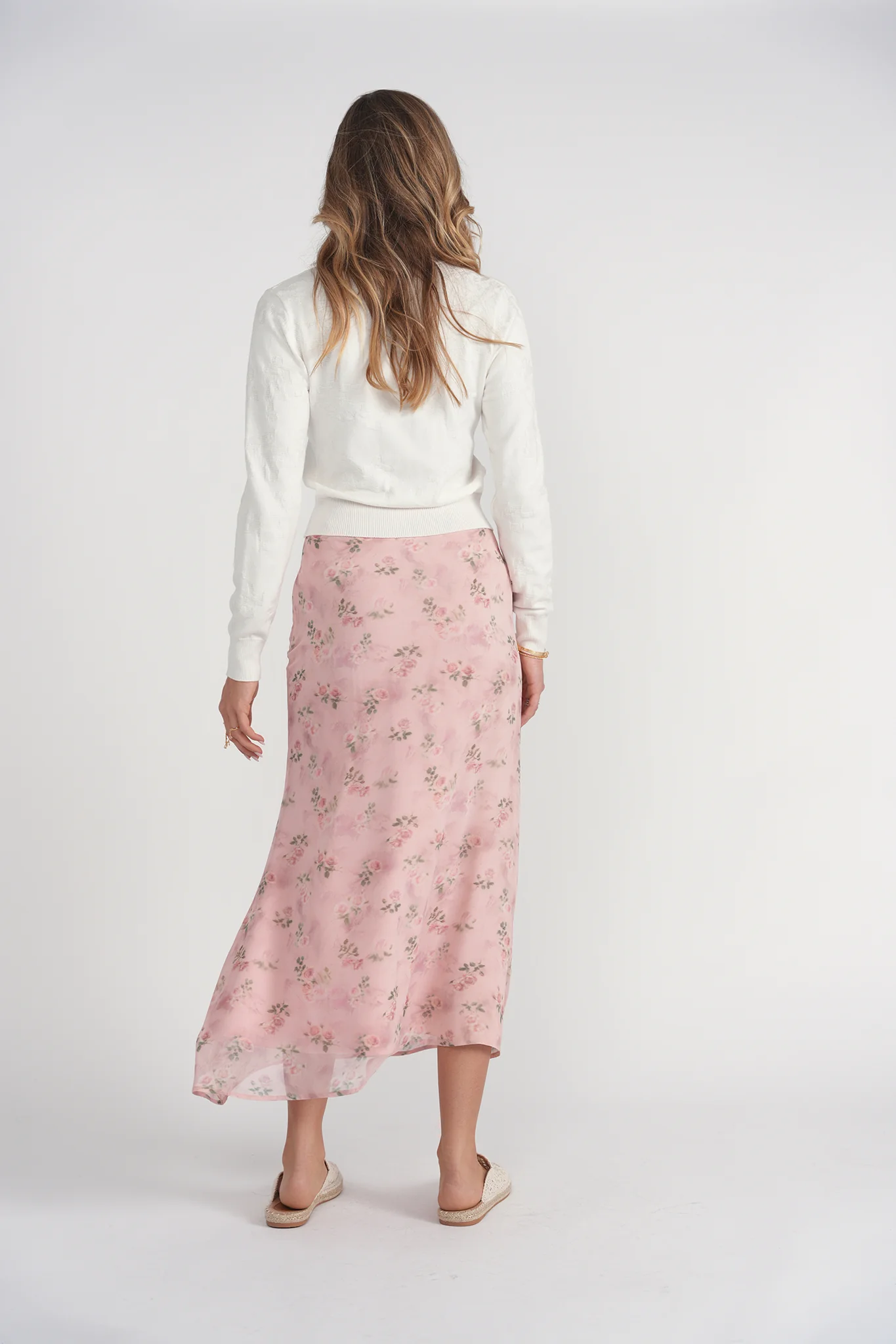 Bias Cut Midi Skirt- Pink Floral Chiffon - Image 4
