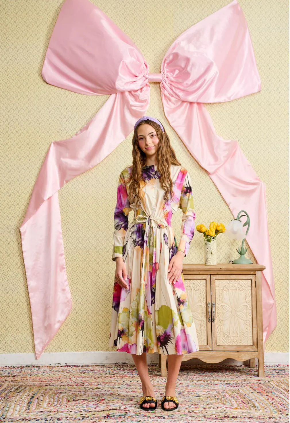 Bold Floral Print Dress with Drawstring Belt