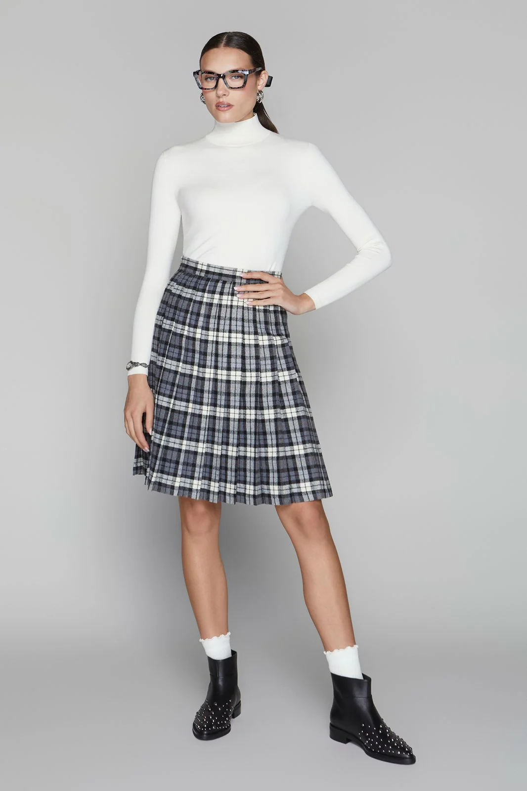 Briar Pleated Skirt 25" Long- Black/Graphite Plaid - Image 2