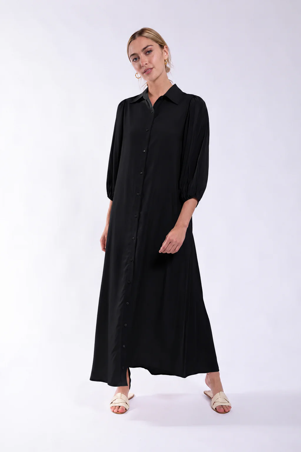 Bubble Sleeve Shirtdress- Black
