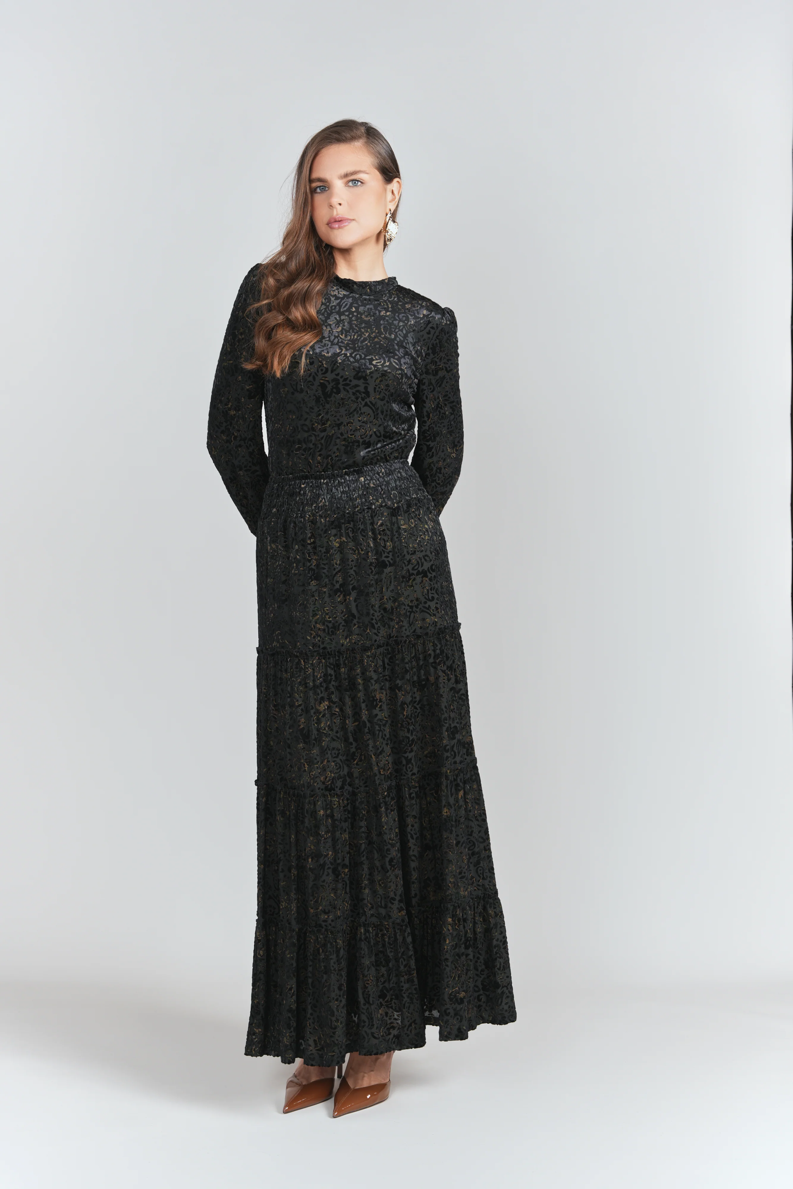 Burnout Velvet Tiered Maxi Skirt- Black with Emerald