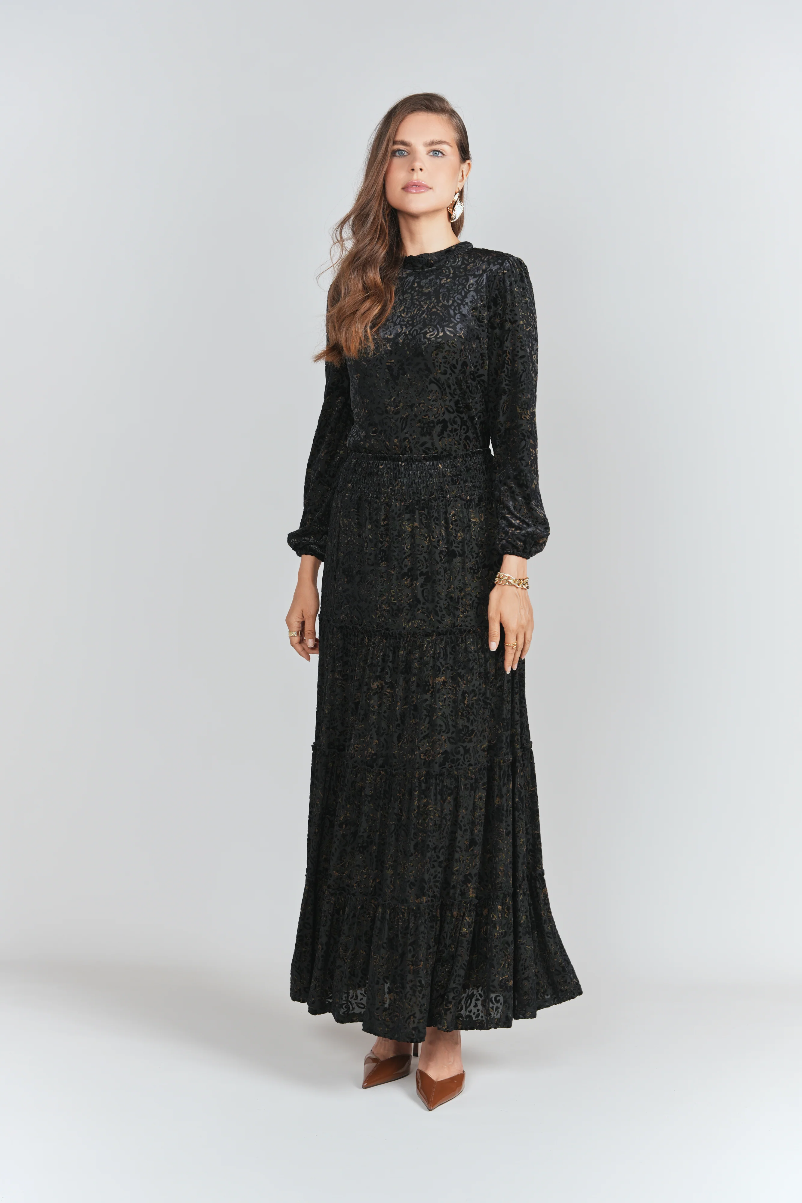 Burnout Velvet Tiered Maxi Skirt- Black with Emerald - Image 3