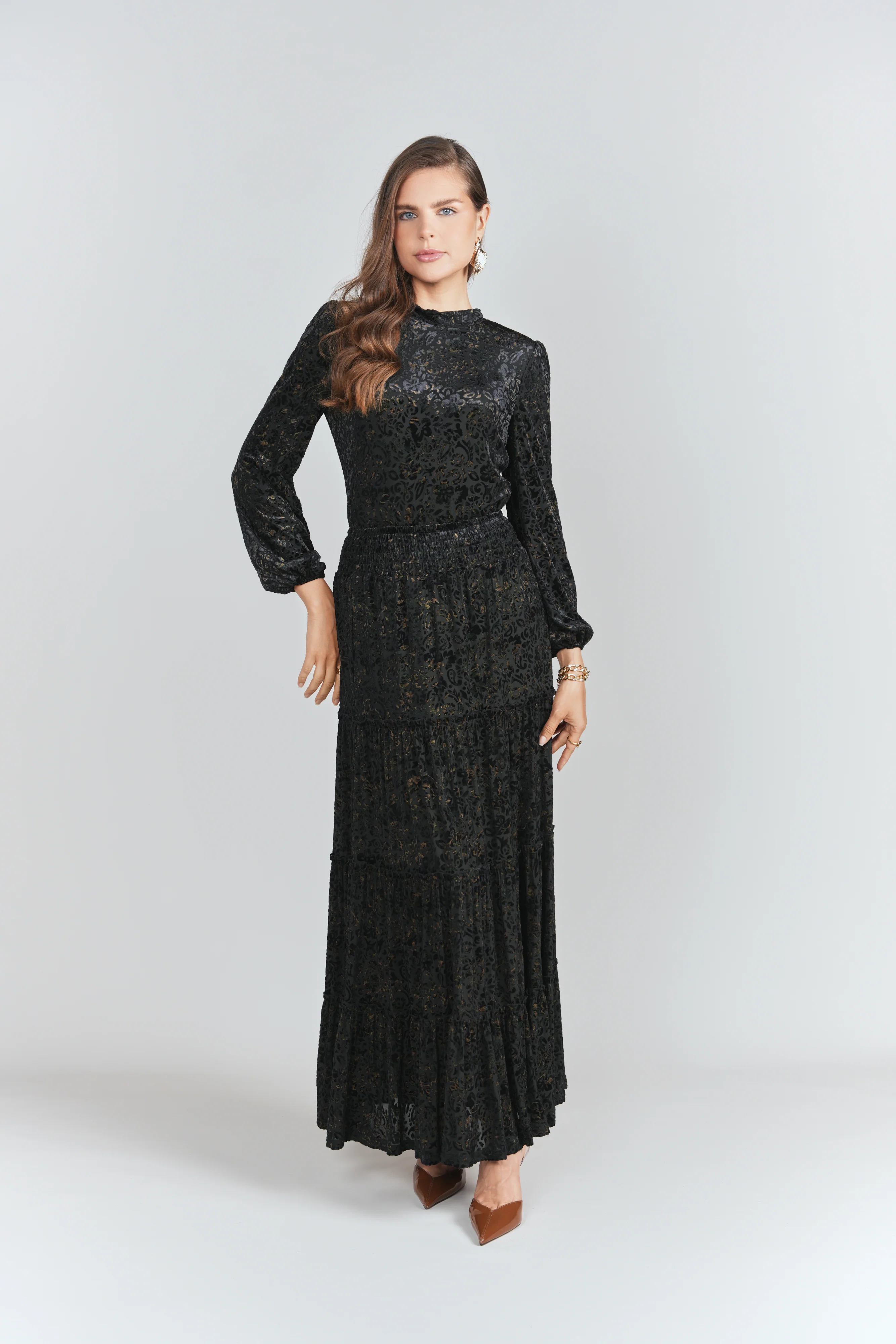 Burnout Velvet Tiered Maxi Skirt- Black with Emerald - Image 4
