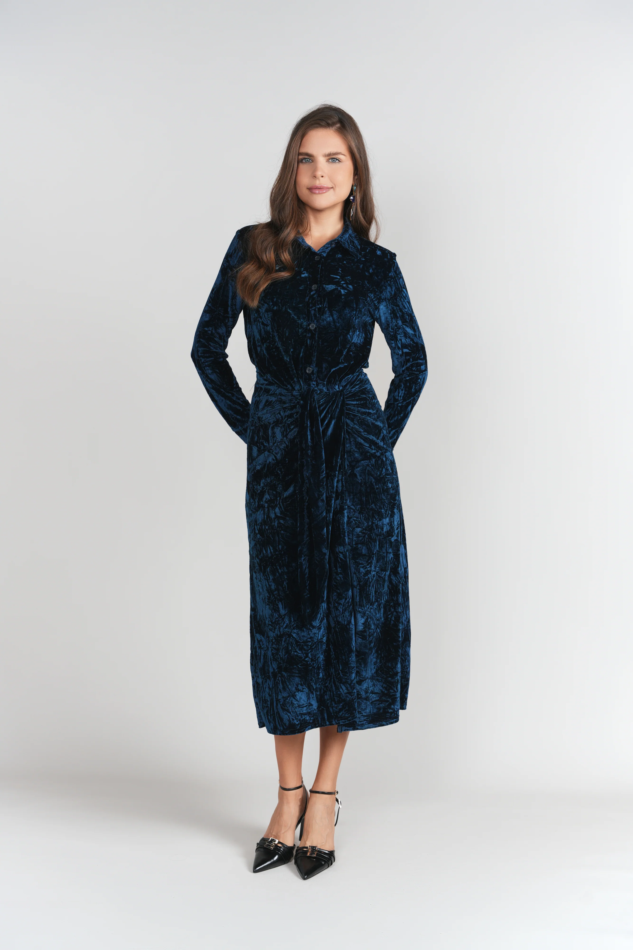 Camilla Dress- Blue Textured Velvet - Image 2