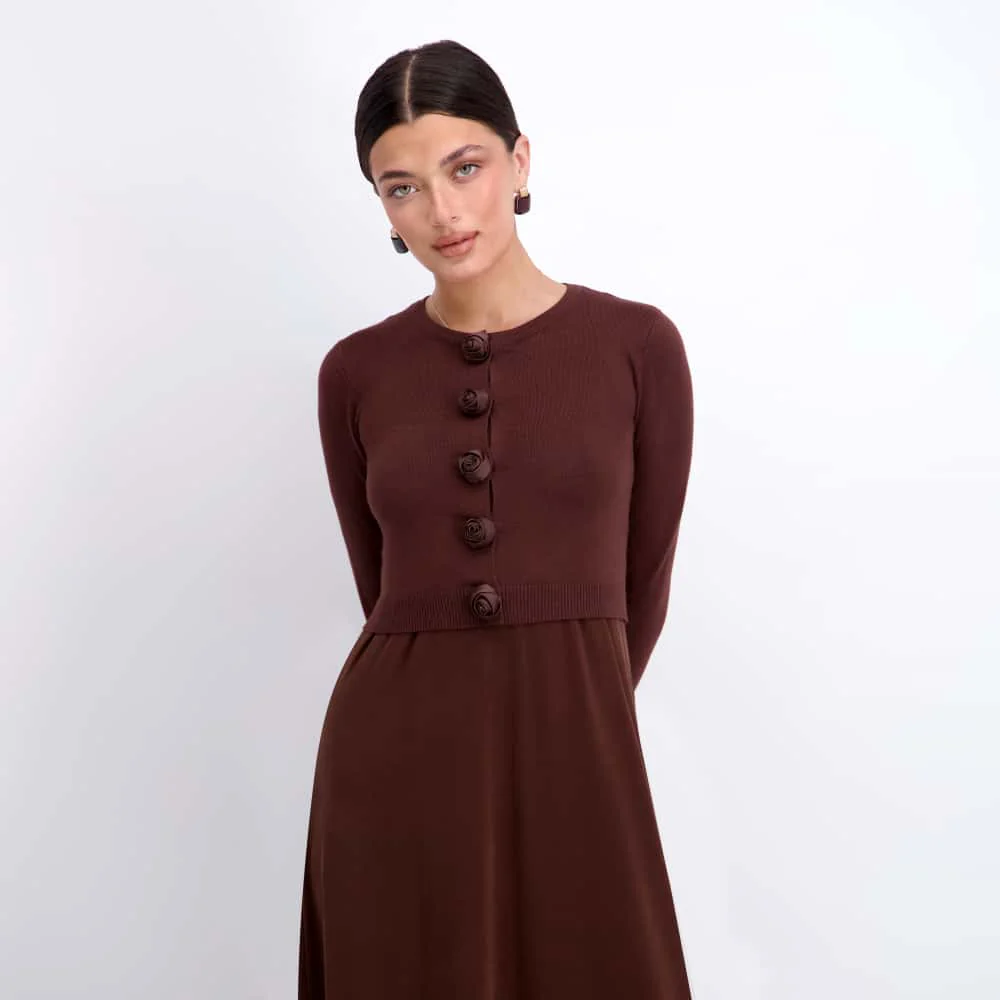 Cardigan Dress Set- Brown