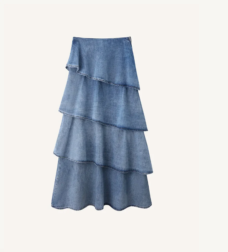 Tiered Denim Maxi Skirt