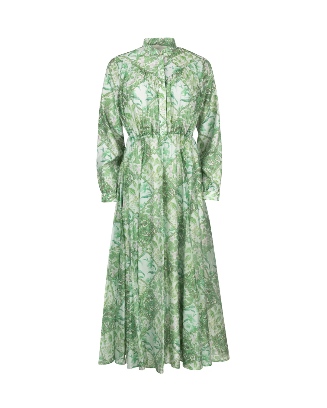 Chiffon Floral Print Waisted Dress- Green