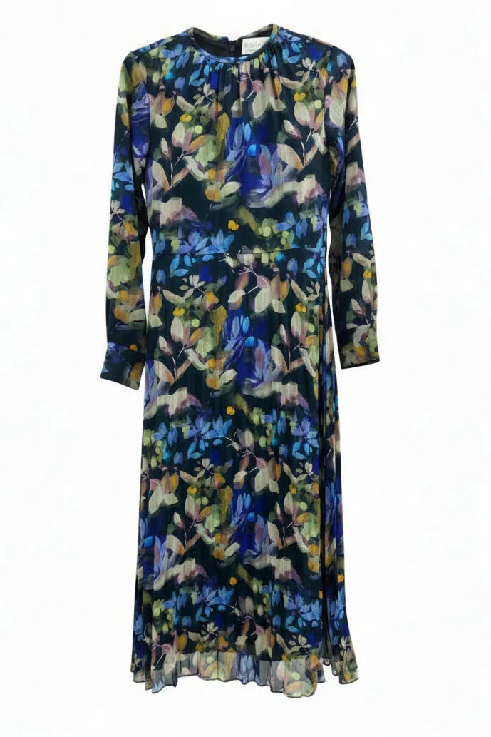 Chiffon Neon Floral Pleated Dress- Black/Multi