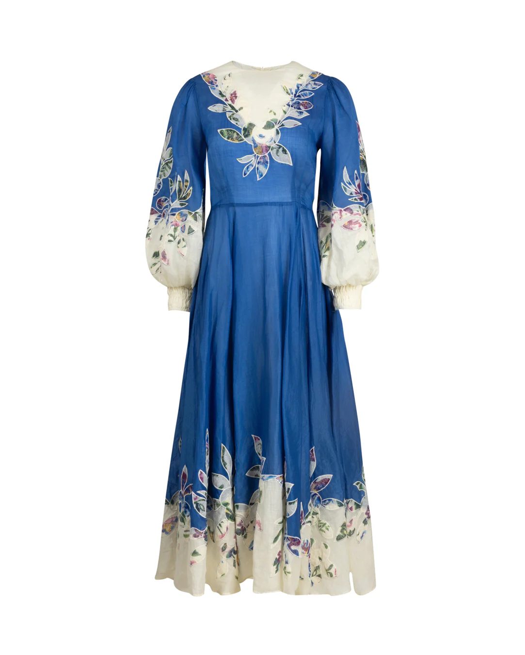 Contrast Floral Linen Dress- Blue