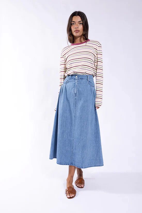 Contrast Neck Striped Tee- Magenta Multi
