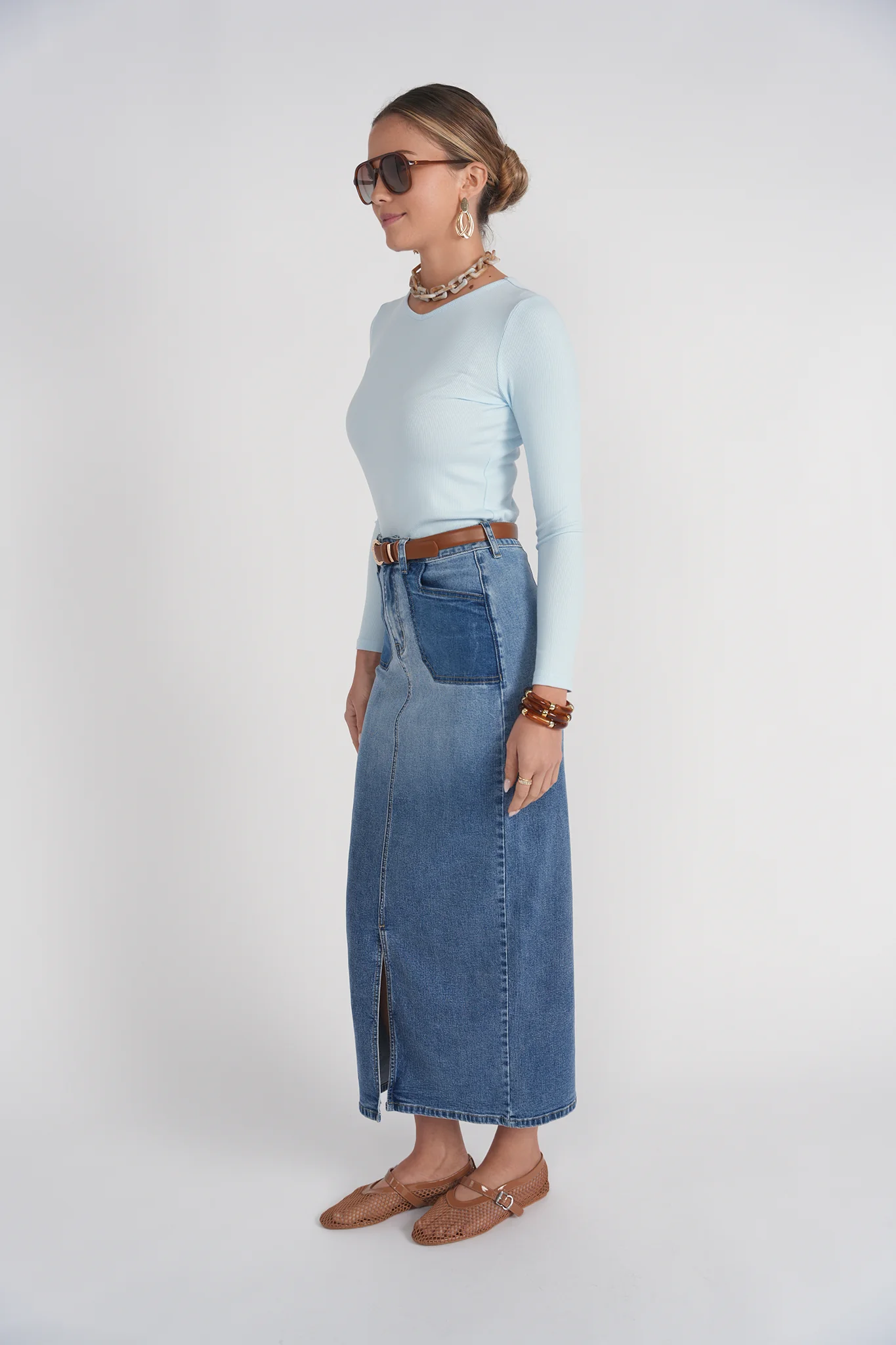 Contrast Pocket Midi Skirt- Blue Denim - Image 3