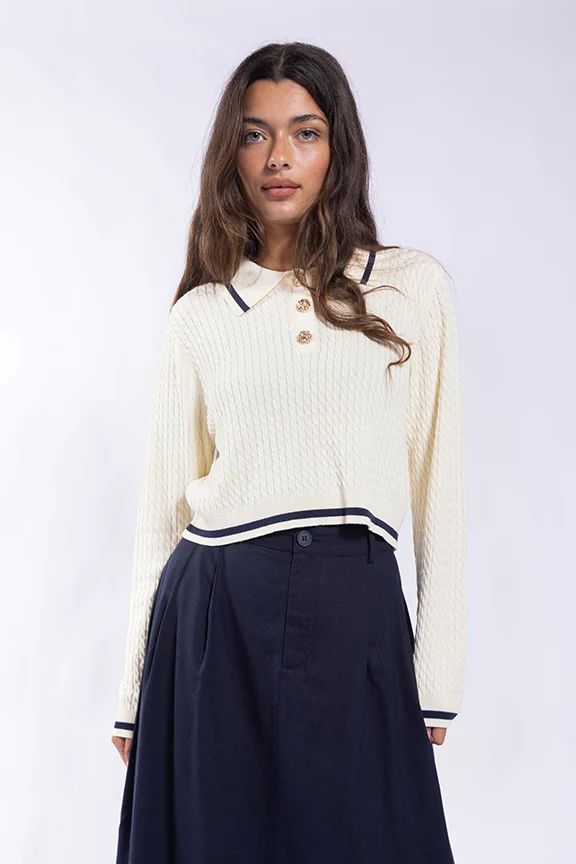 Cropped Cable Polo Sweater