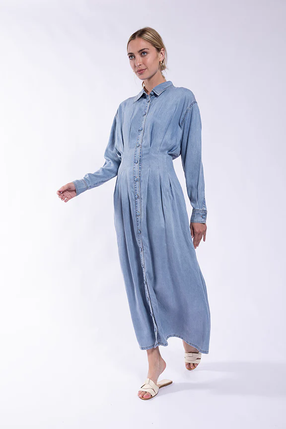 Denim Shirt Dress with Stitch Down Waist- Light Denim