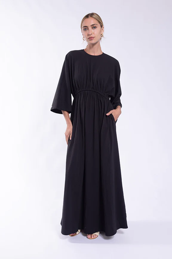 Dolman Gathered Waist Jersey Dress- Black