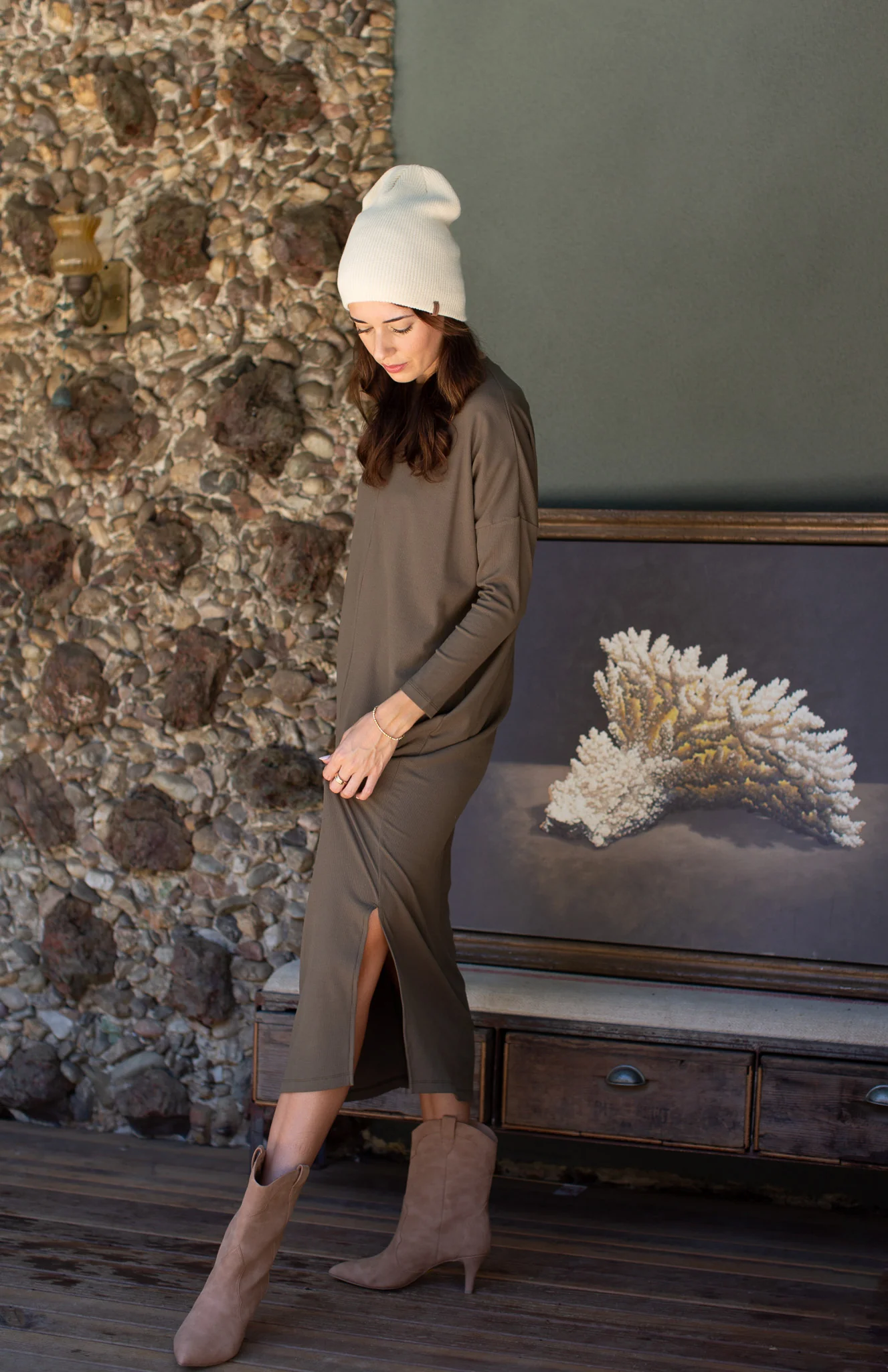 Dolman Sleeve Rib Maxi Dress- Olive - Image 2