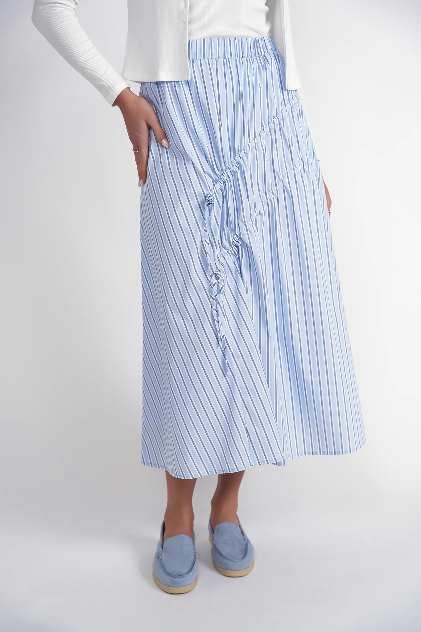 Double Drawstring Maxi Skirt- Blue Pinstripes