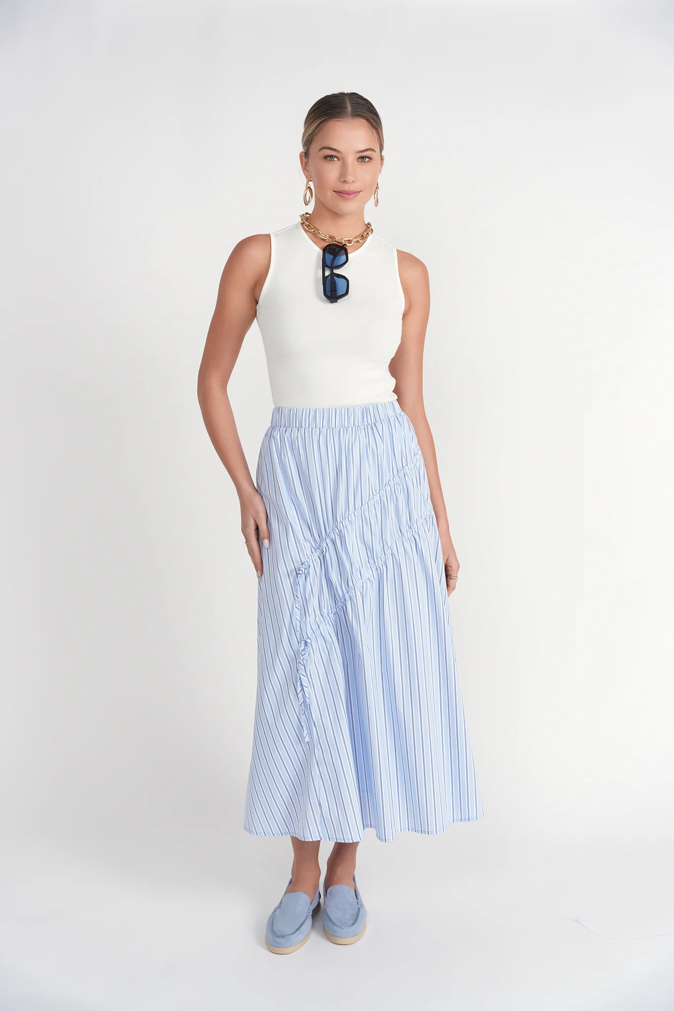 Double Drawstring Maxi Skirt- Blue Pinstripes - Image 2