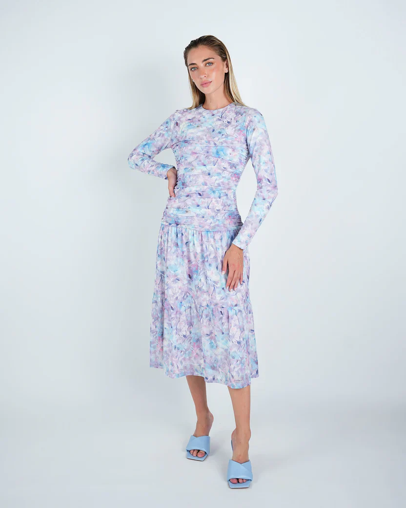Mesh Floral Ruched Midi Dress - Image 3