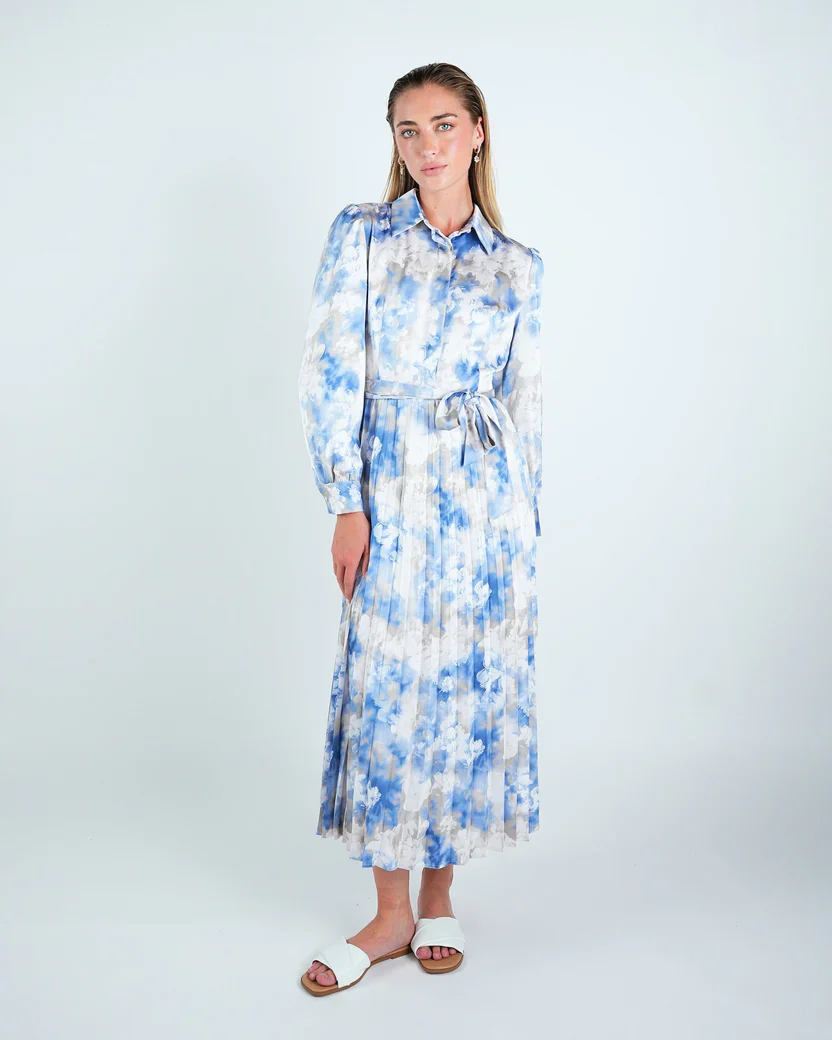 Satin Printed Pleated Shirt Dress - Image 2
