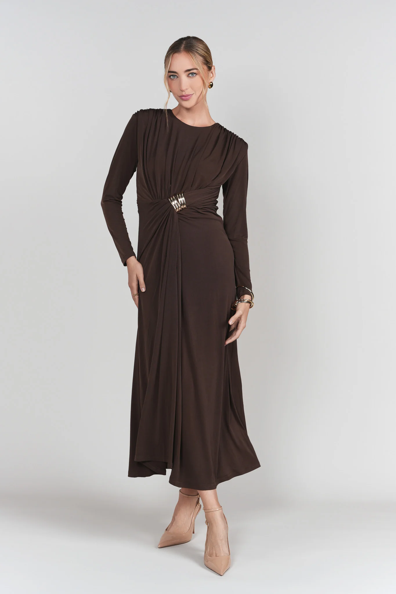 Draped Front Dress- Brown - Image 3