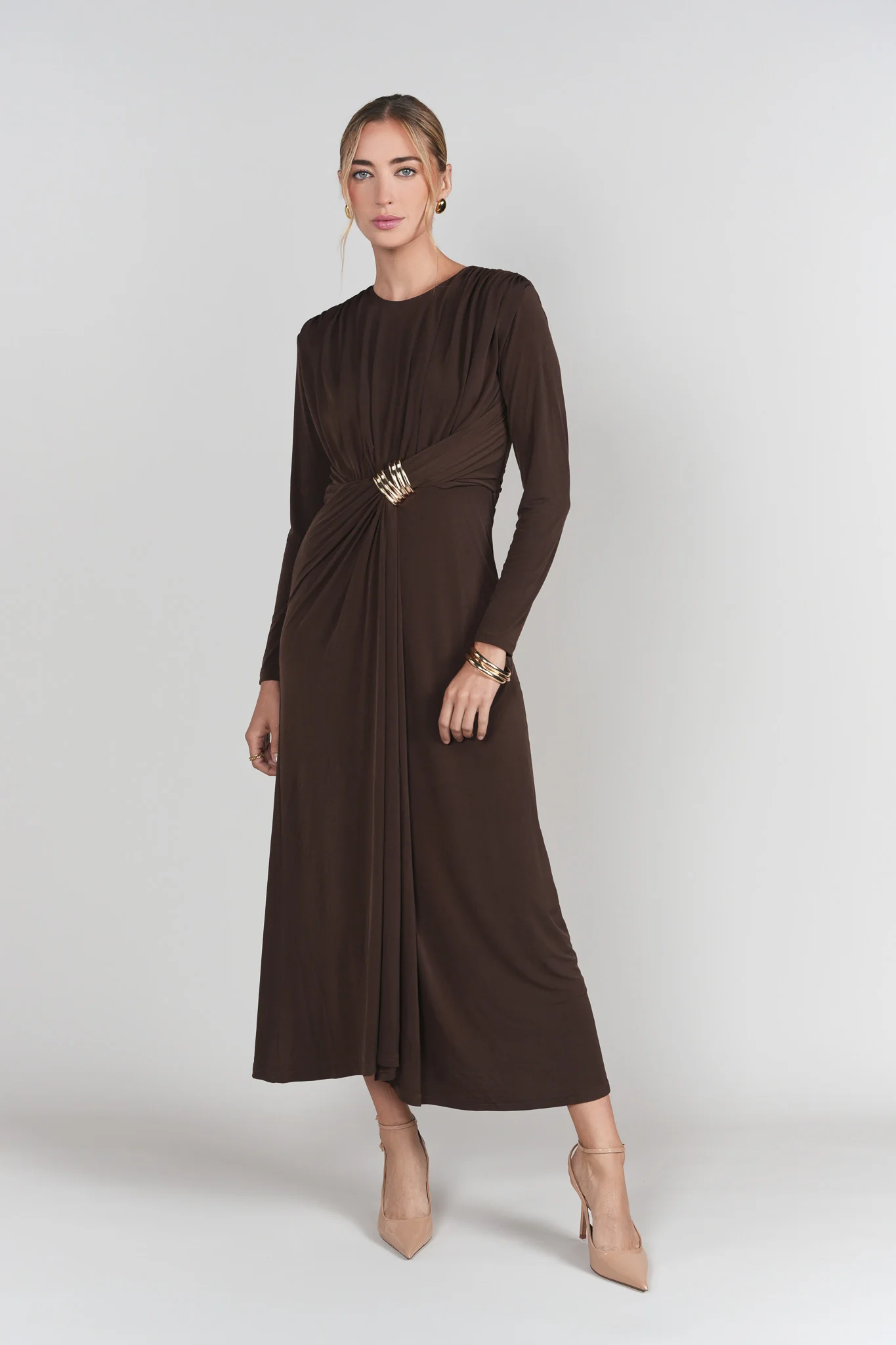 Draped Front Dress- Brown - Image 4