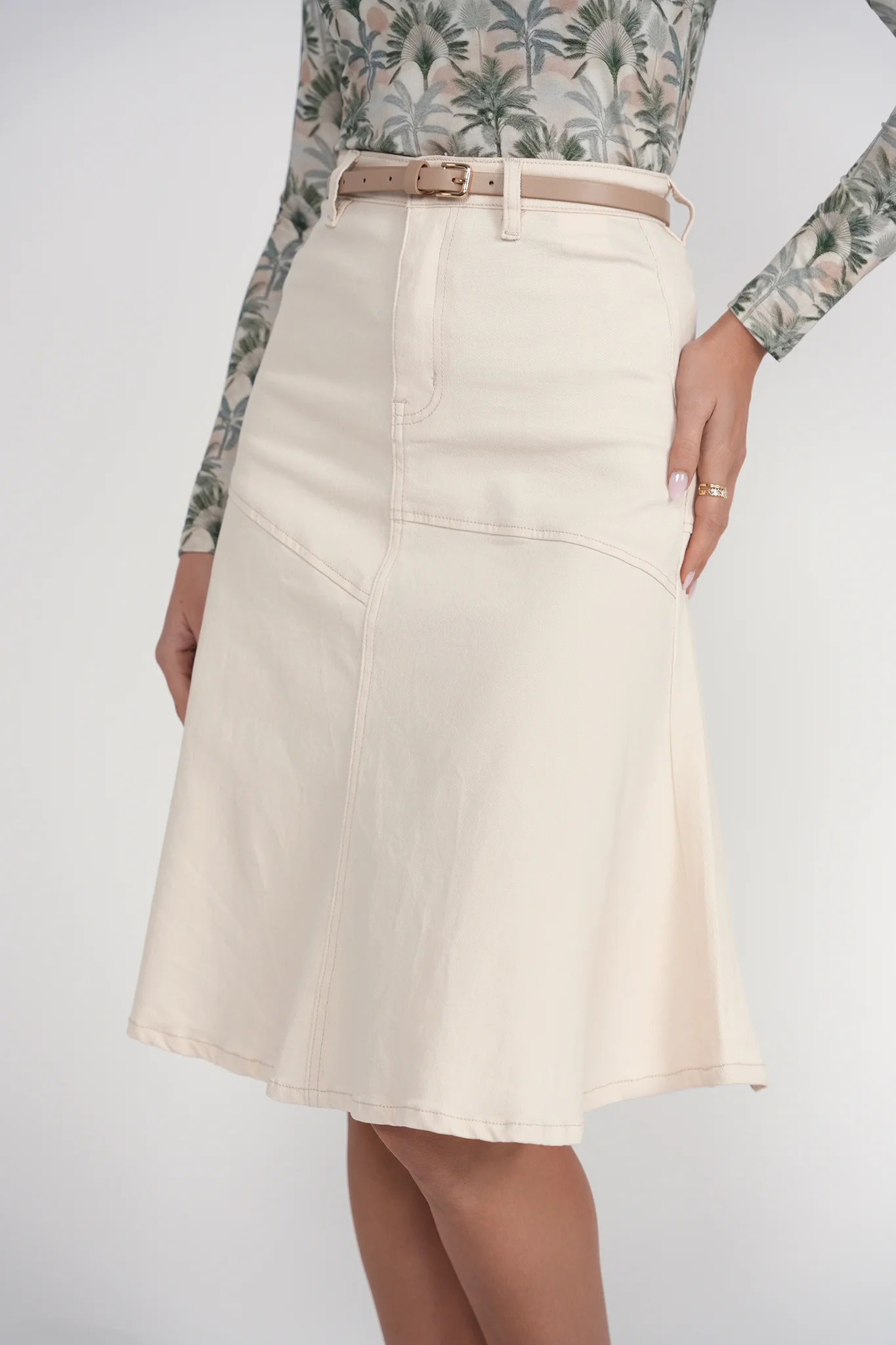 Drop Hem Denim Skirt 25”- Cream