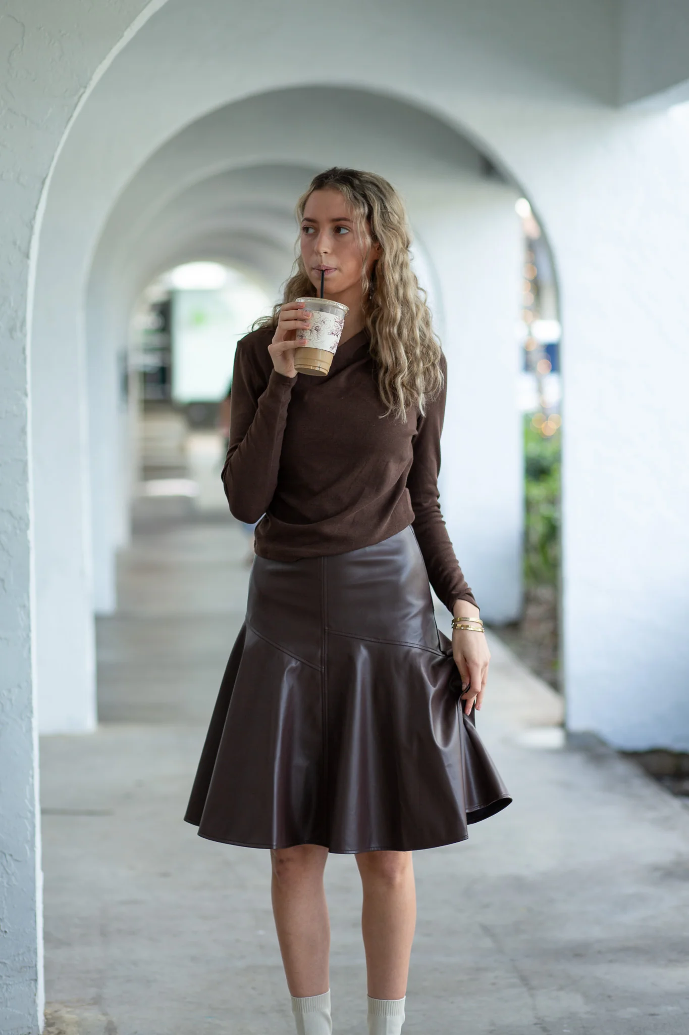Drop Hem Leather Skirt- Chocolate - Image 2